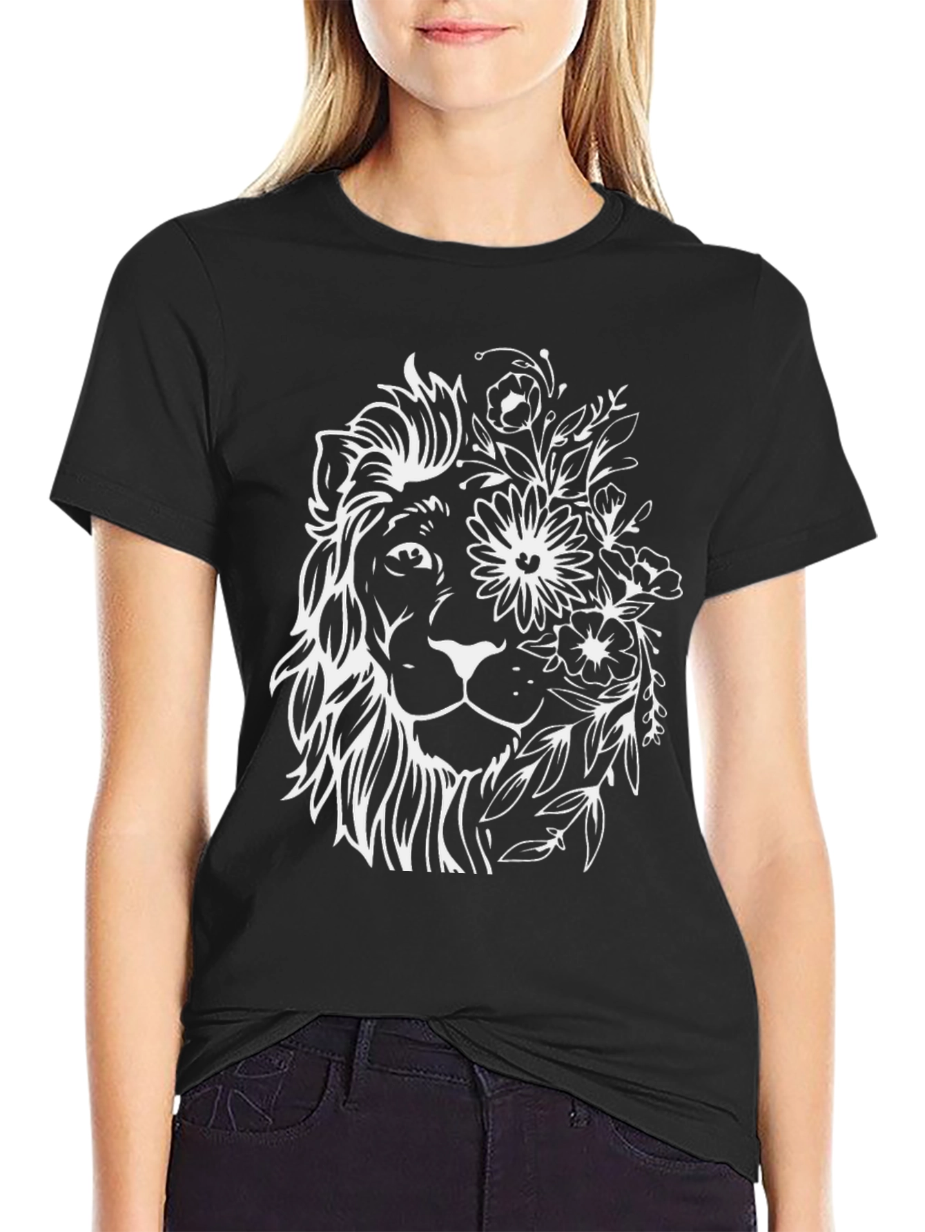 Black Floral Lion Graphic Tee - Black Cotton Blend view 2