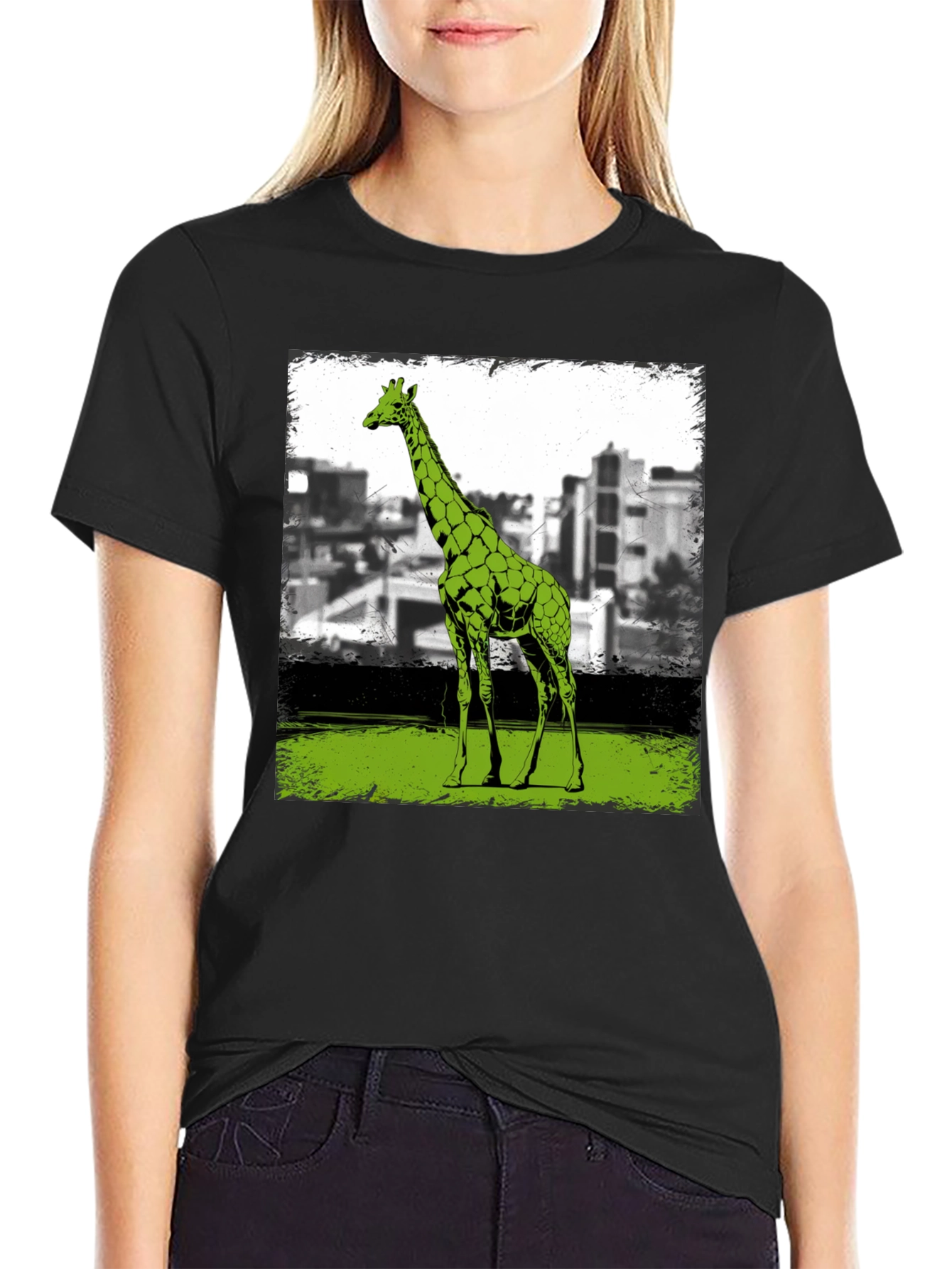 Black Giraffe Cityscape Graphic Tee - Cool Animal Print Shirt view 2