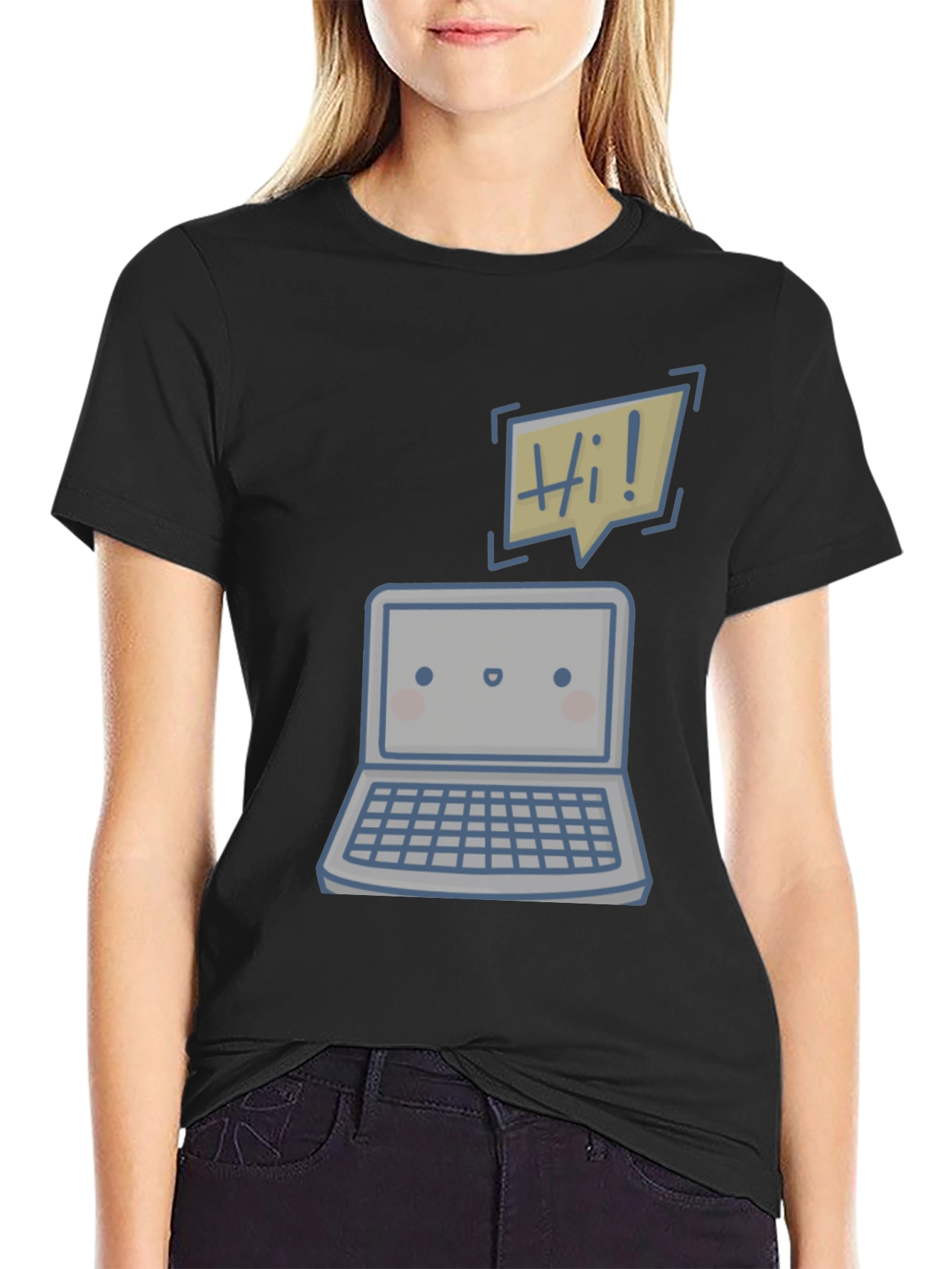 Black Cute Laptop "Hi!" Graphic Tee view 2