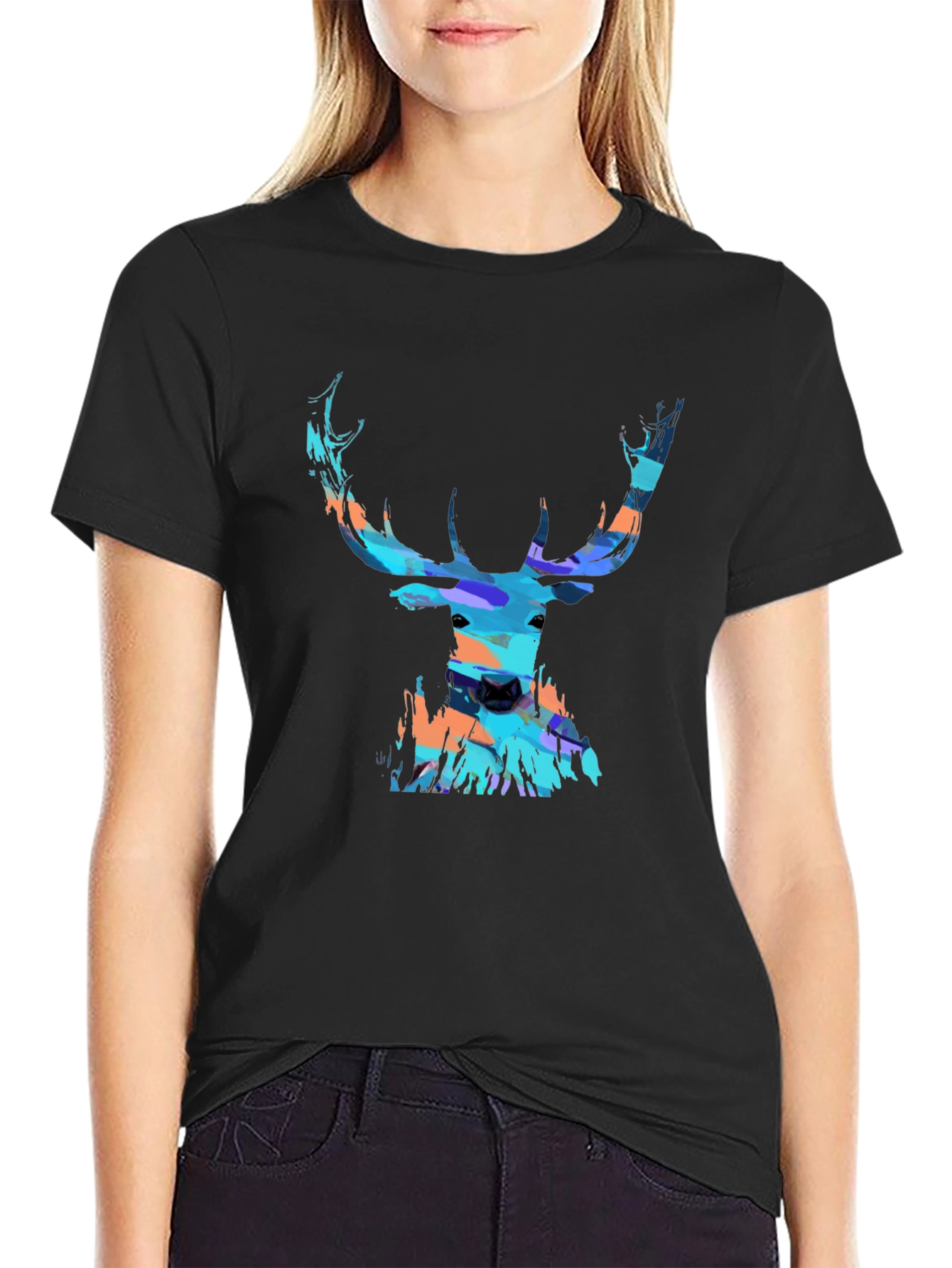 Black Abstract Deer Head Graphic Print Black T-Shirt view 2