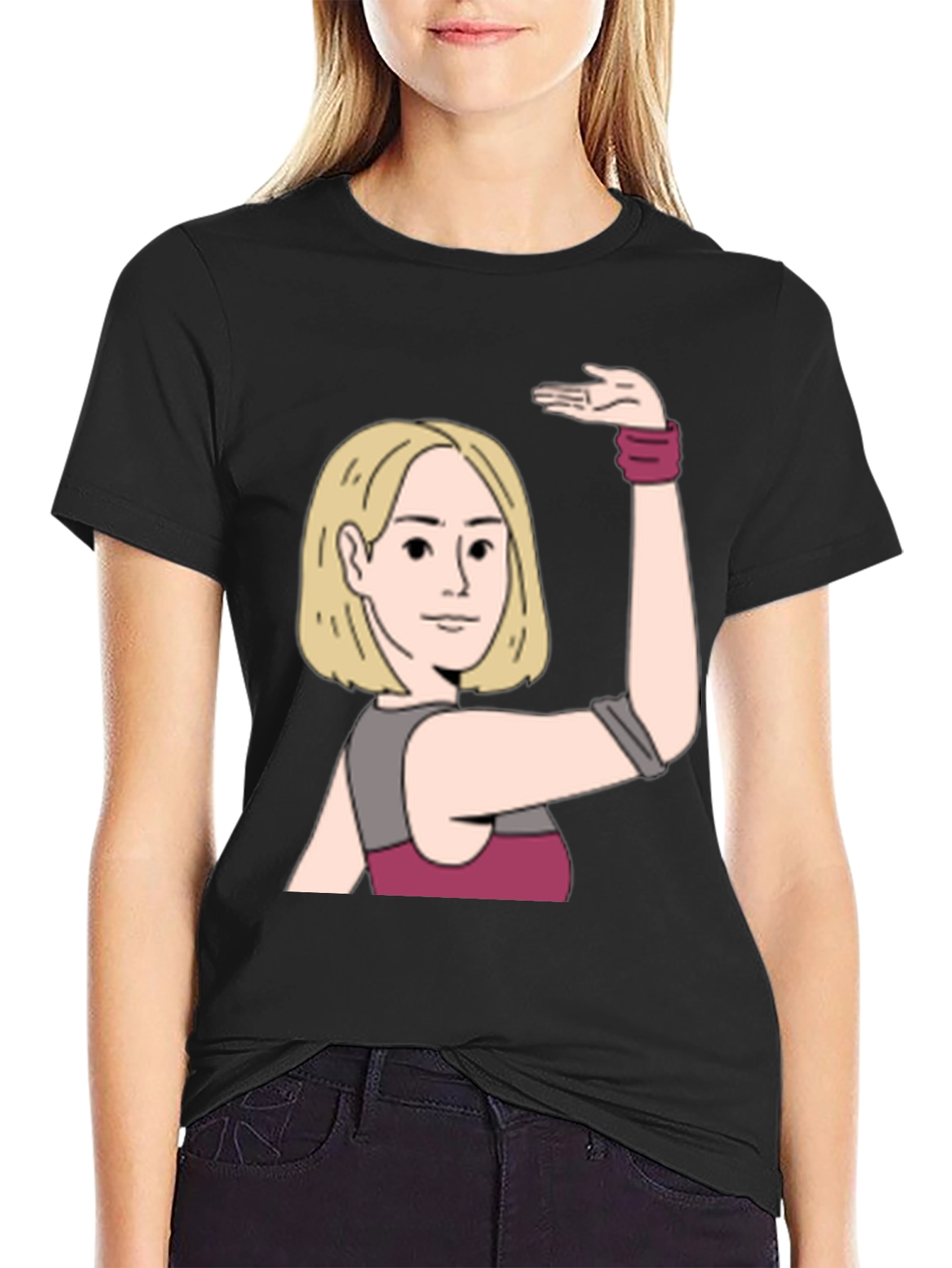 Black Cartoon Woman Graphic Print Black T-Shirt view 2