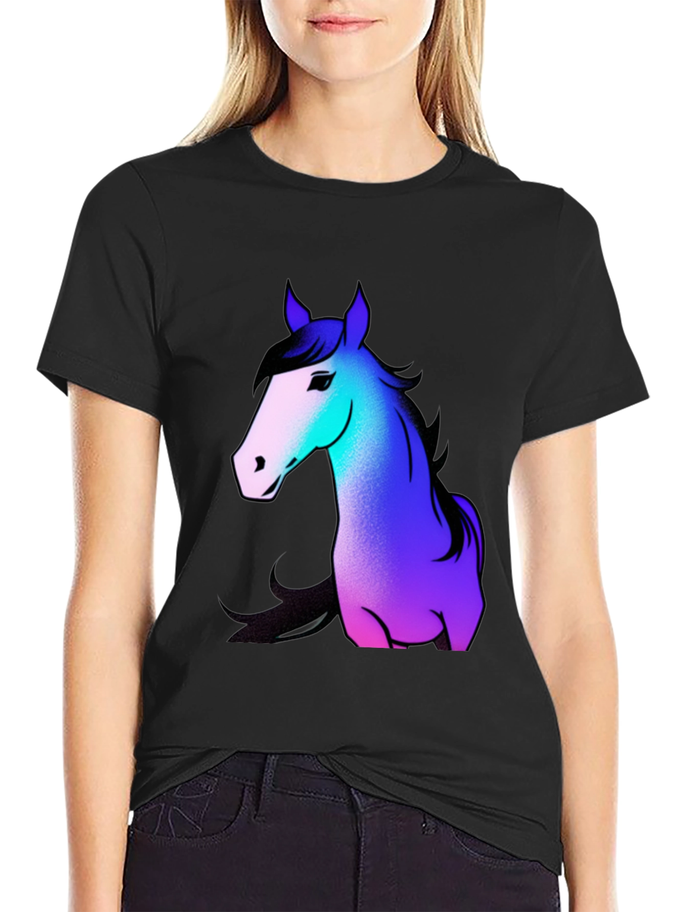 Black Cool Horse Graphic Tee - Casual Black T-Shirt view 2
