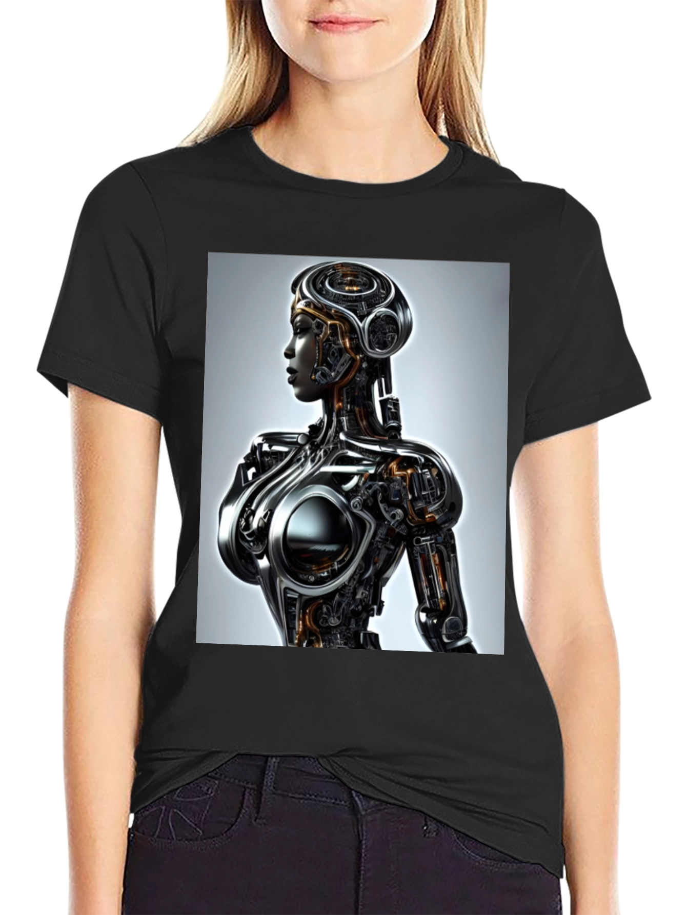 Black Futuristic Robot Woman Graphic Tee - Black view 2