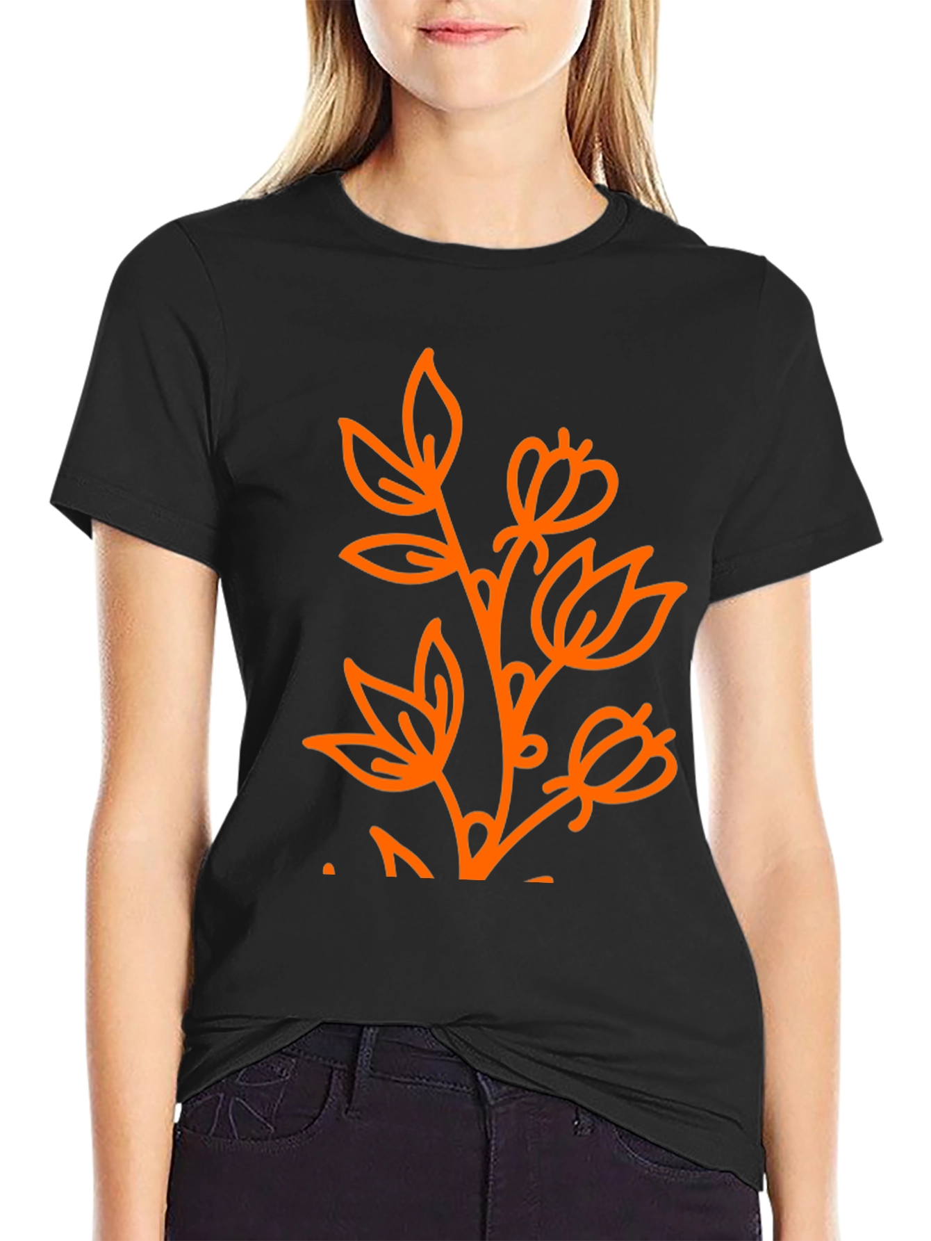 Black Black T-Shirt with Orange Floral Design view 2