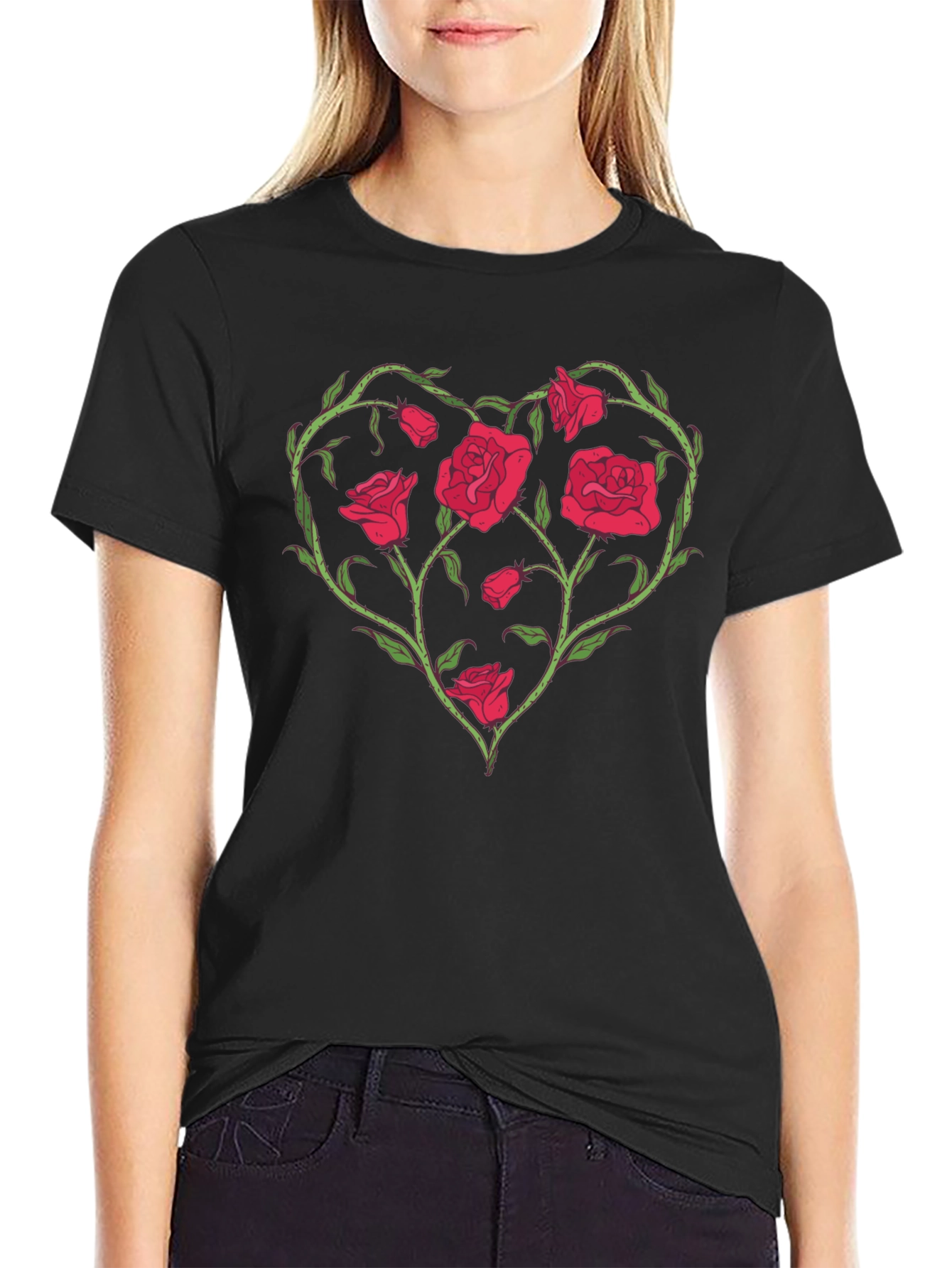 Black Rose Heart Graphic T-Shirt - Unique Floral Design view 2