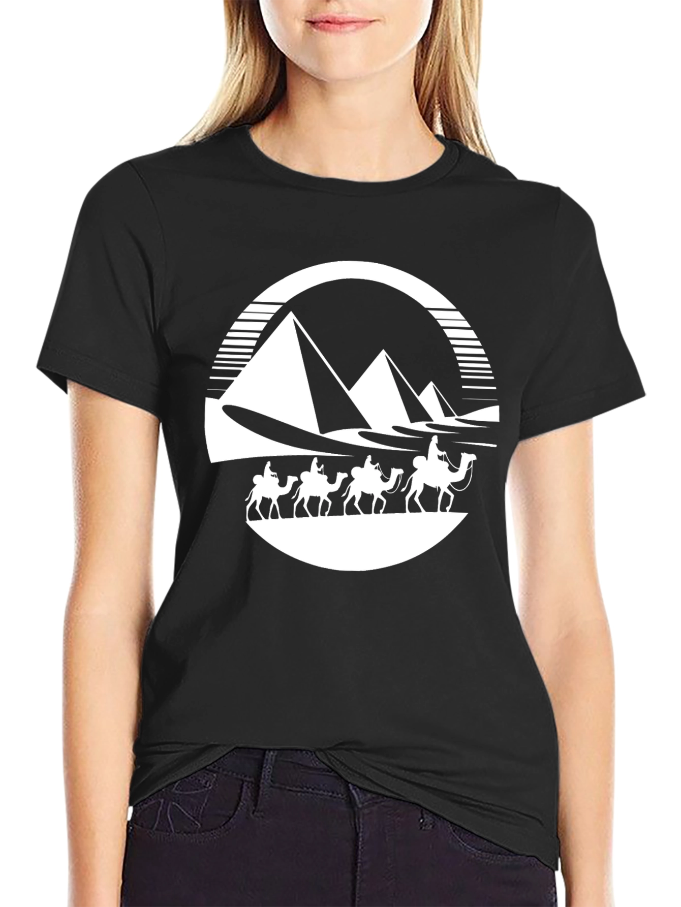 Black Egyptian Pyramids Camel Caravan Graphic T-Shirt view 2
