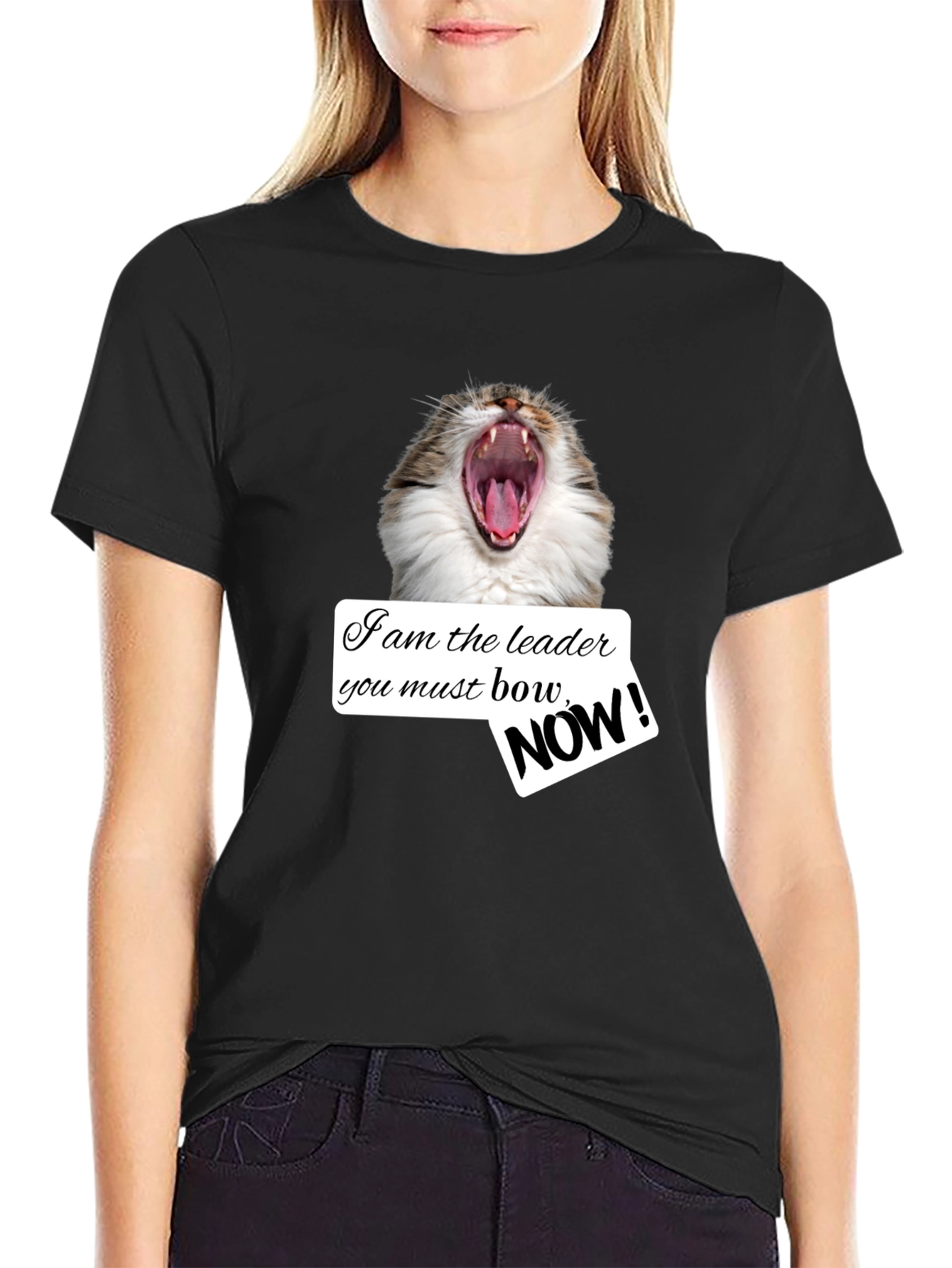 Black Funny Cat T-Shirt - I am the Leader Bow NOW! - Black view 2