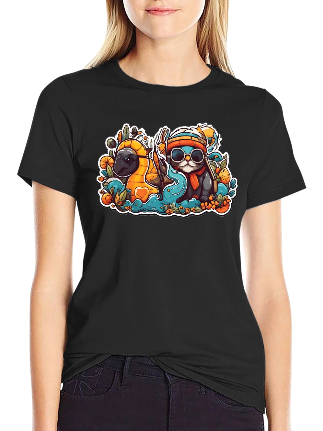 Black Cool Cartoon Otter and Platypus Black T-Shirt view 2