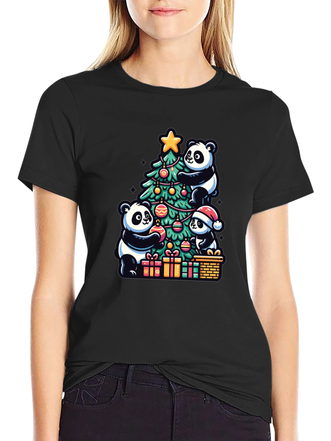 Black Panda Christmas T-Shirt - Holiday Festive Wear view 2