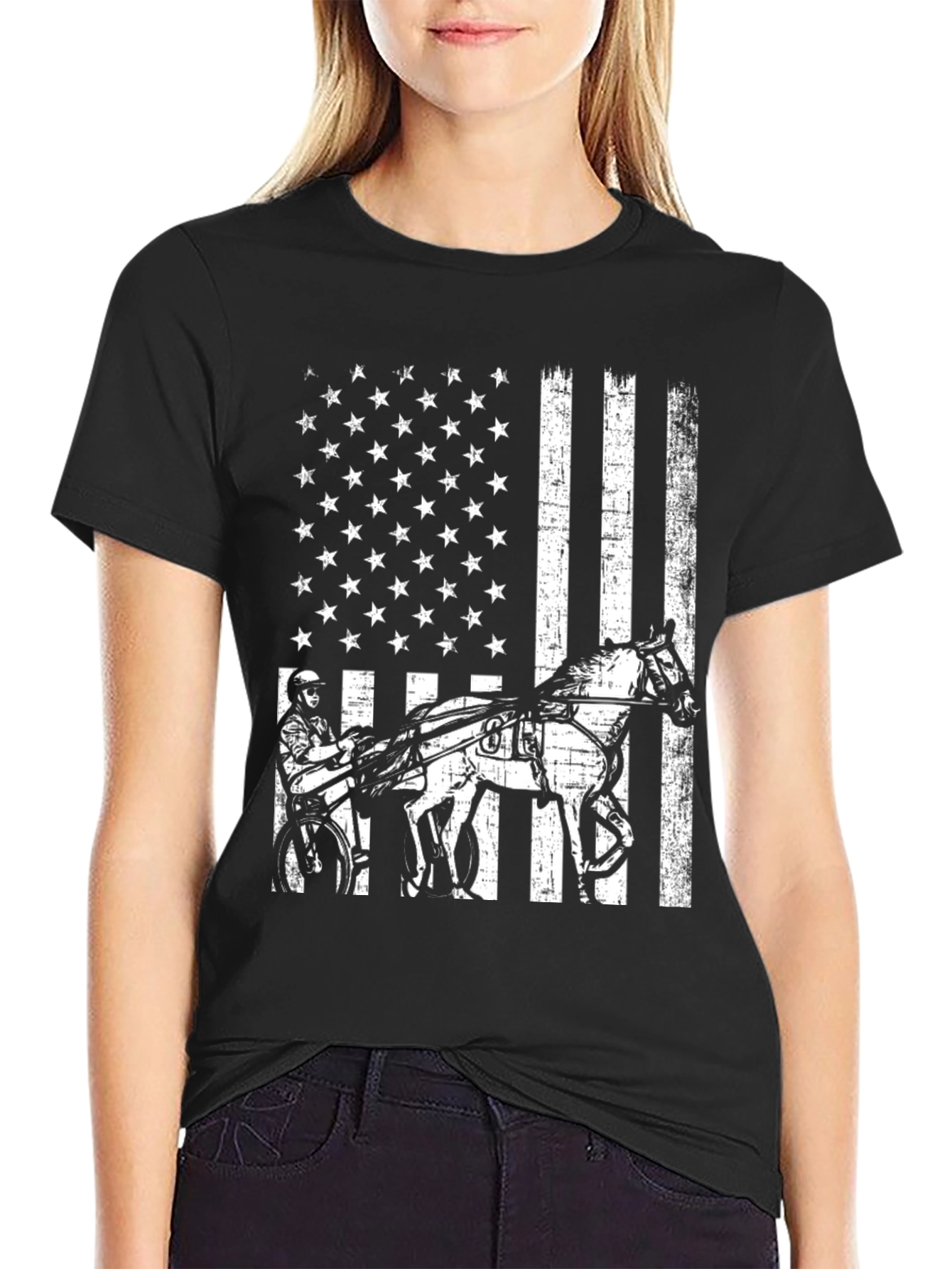 Black American Flag Horse Racing T-Shirt view 2