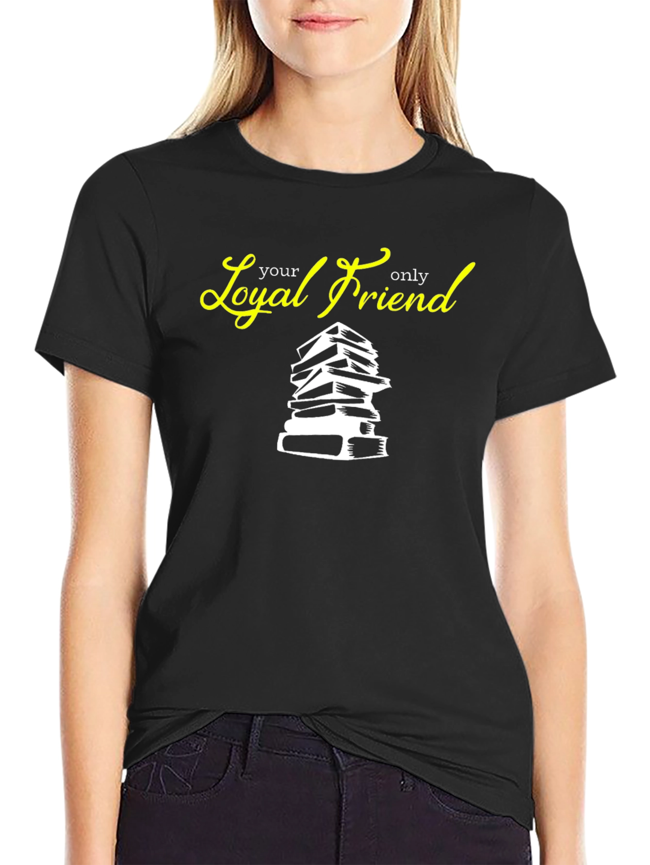 Black Loyal Friend Books Graphic Tee - Black Cotton T-Shirt view 2