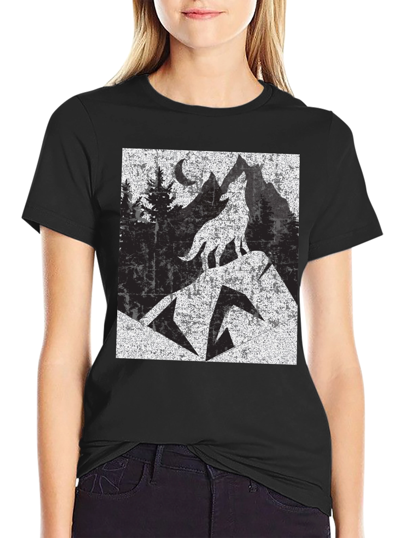 Black Wolf Howling at Moon Tee view 2