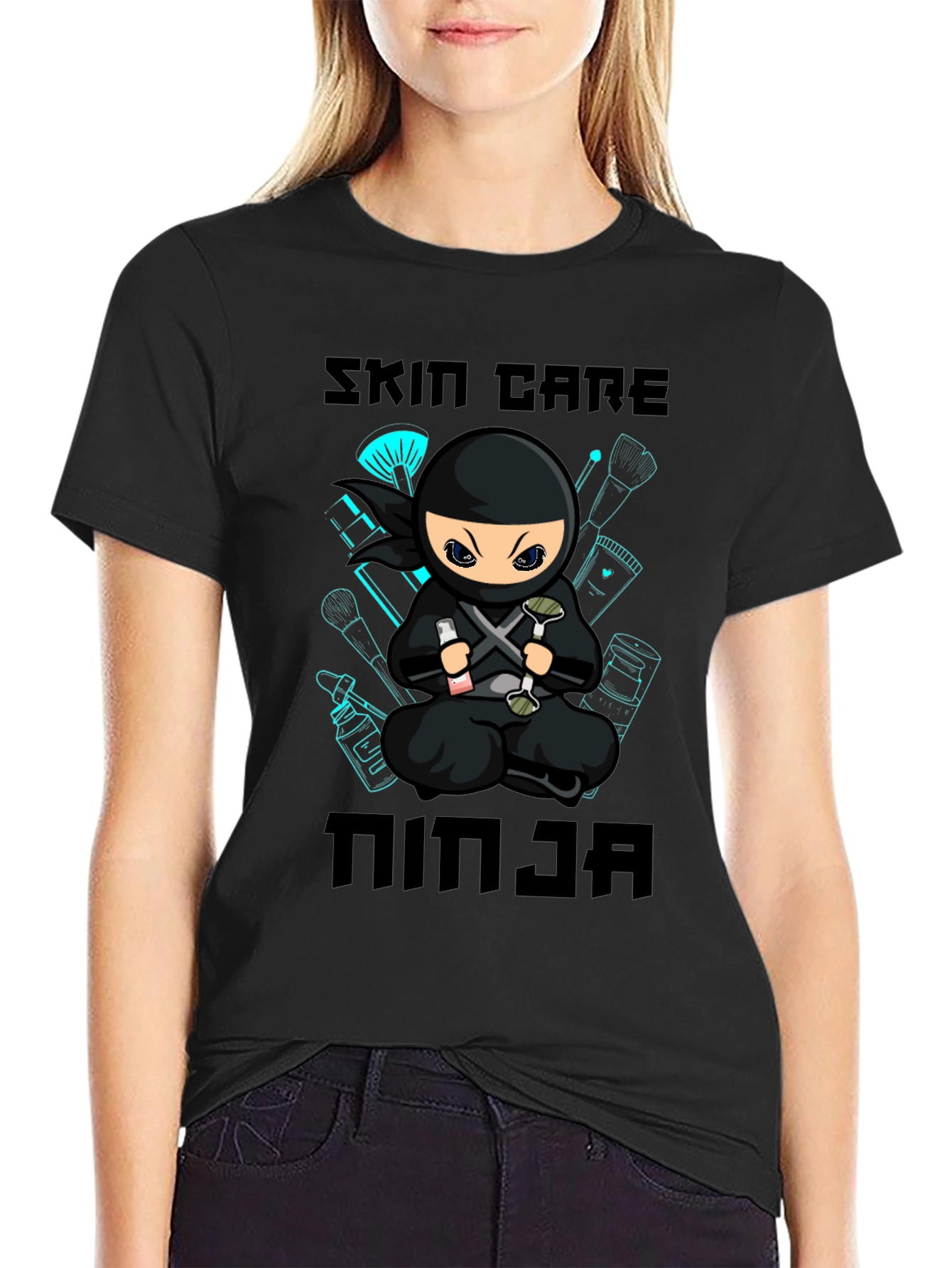 Black Skin Care Ninja T-Shirt - Black Cotton Graphic Tee view 2