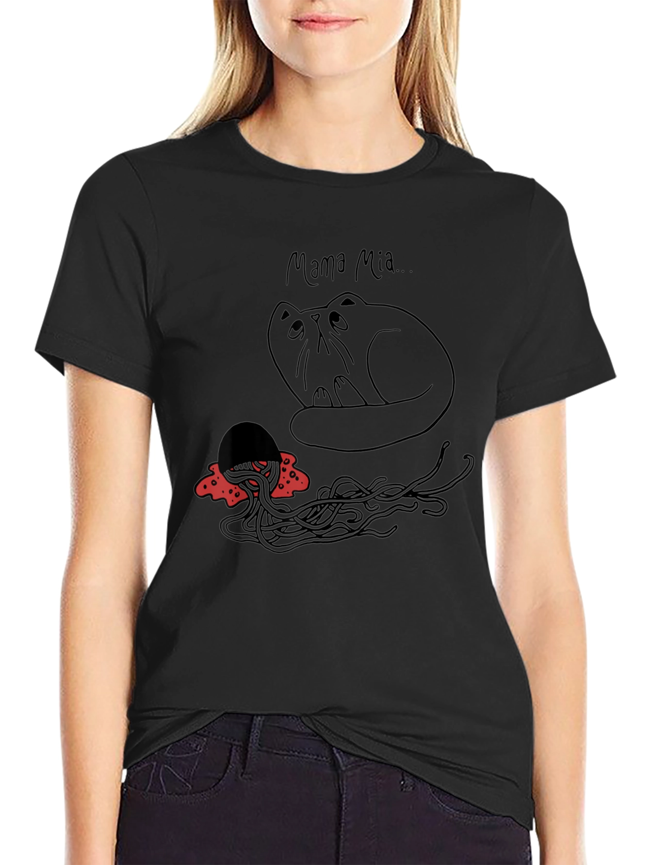 Black Mama Mia Cat & Spaghetti Graphic T-Shirt view 2