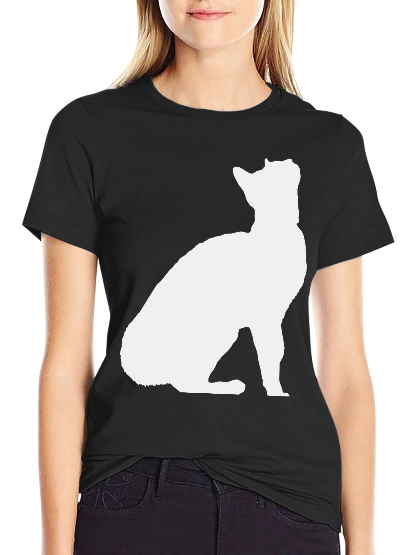 Black Cat Silhouette Graphic Tee - Black Cotton Blend Shirt view 2