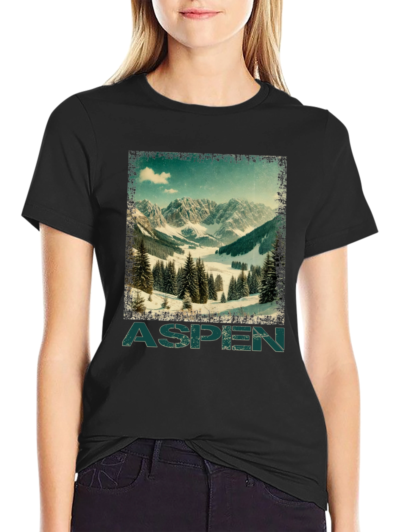 Black Aspen Mountain Graphic T-Shirt - Vintage Ski Design view 2