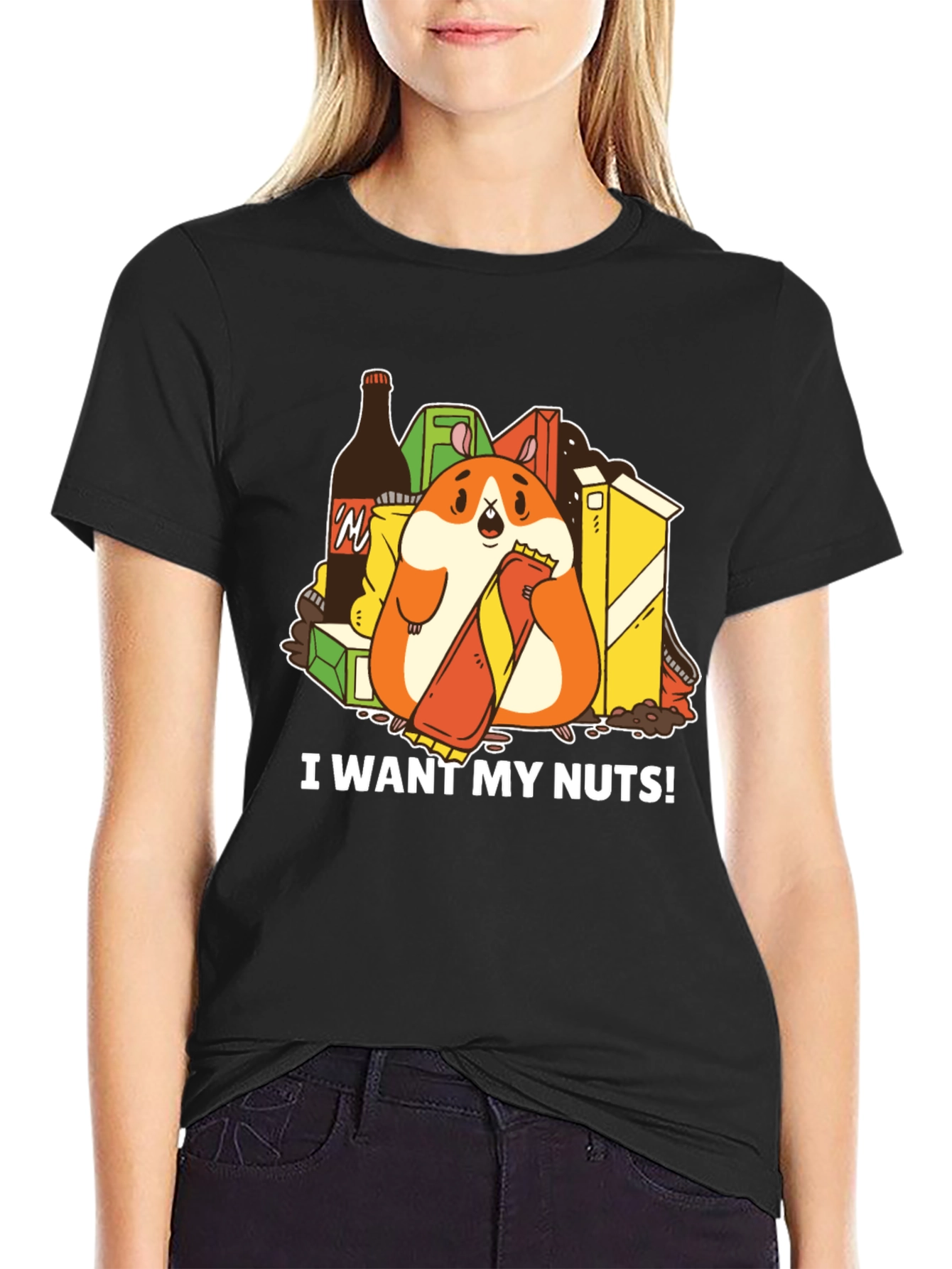 Black Funny Hamster 'I Want My Nuts!' Graphic T-Shirt view 2