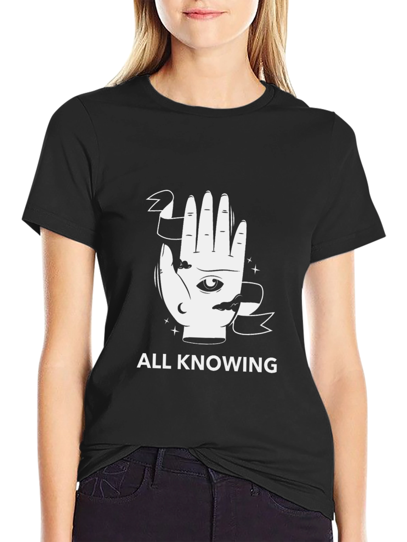 Black All Knowing Graphic Tee - Unisex Black T-Shirt view 2