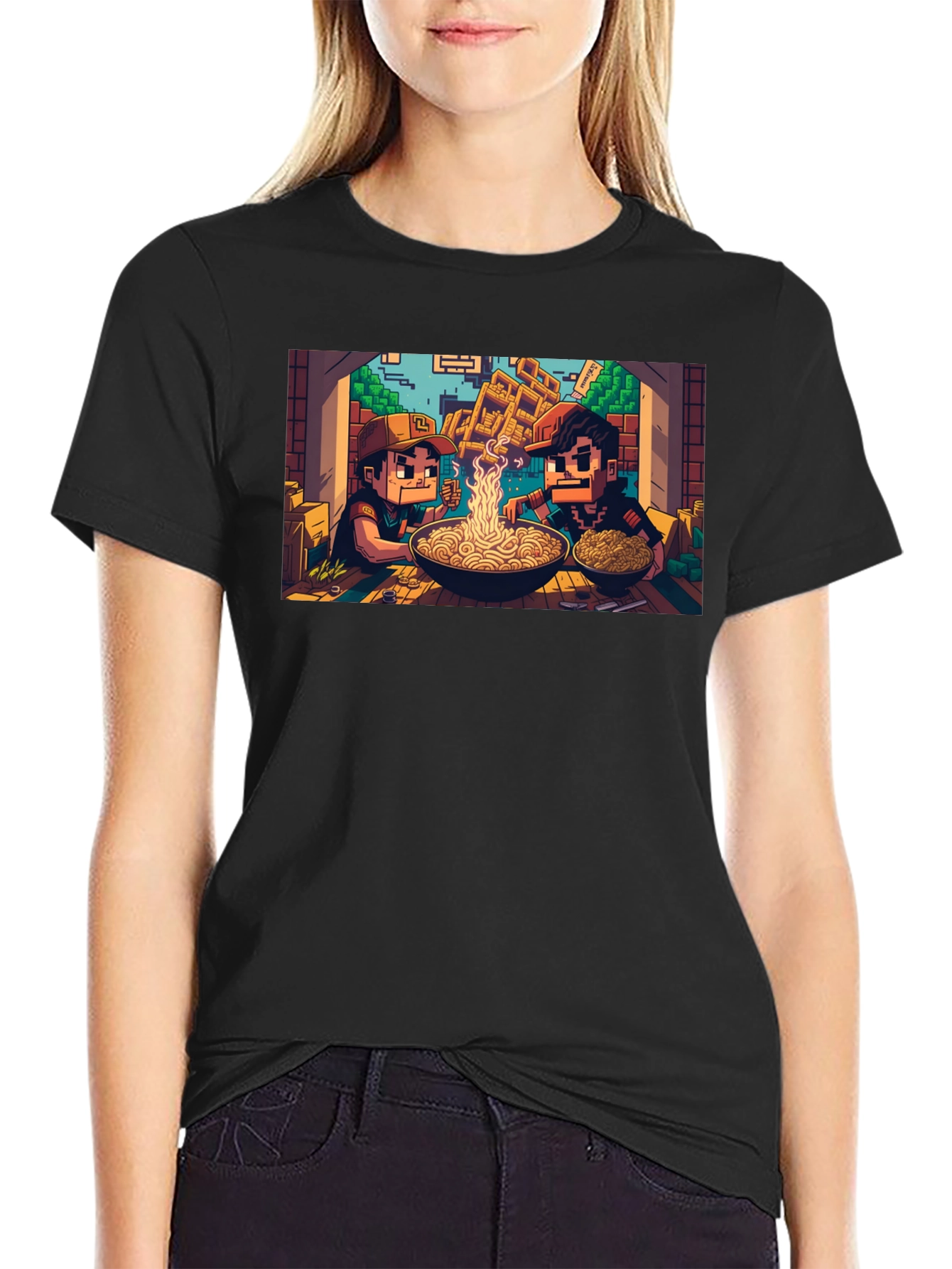 Black Pixel Art Ramen T-Shirt view 2