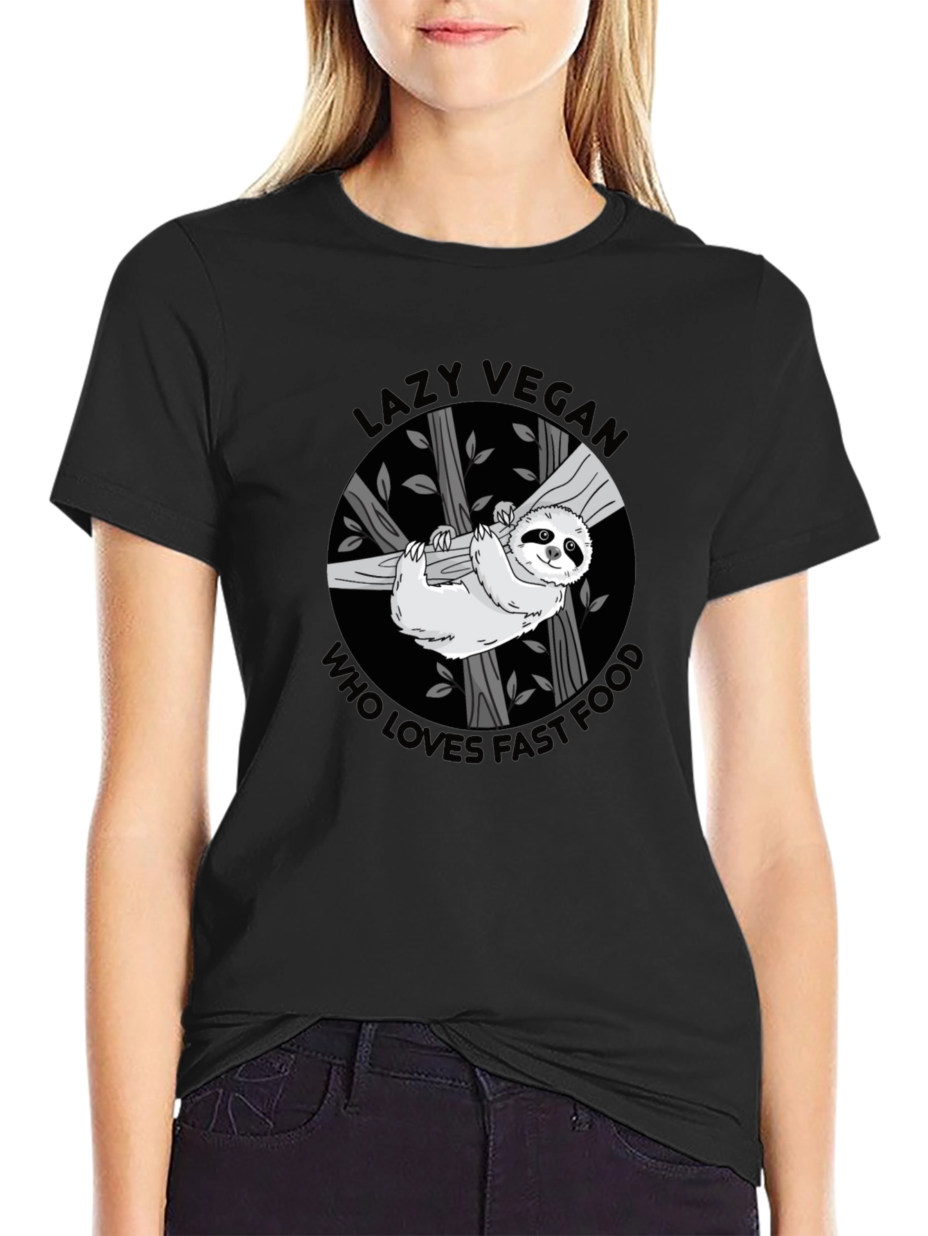 Black Lazy Vegan Fast Food Sloth Graphic Tee view 2