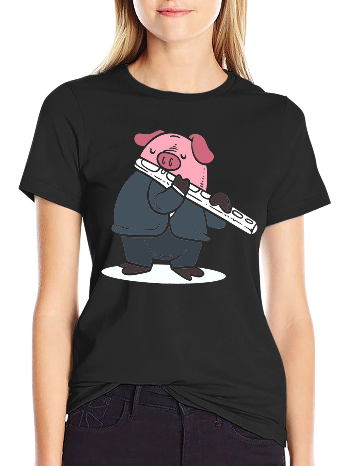 Black Pig Flute Player Graphic T-Shirt - Black view 2