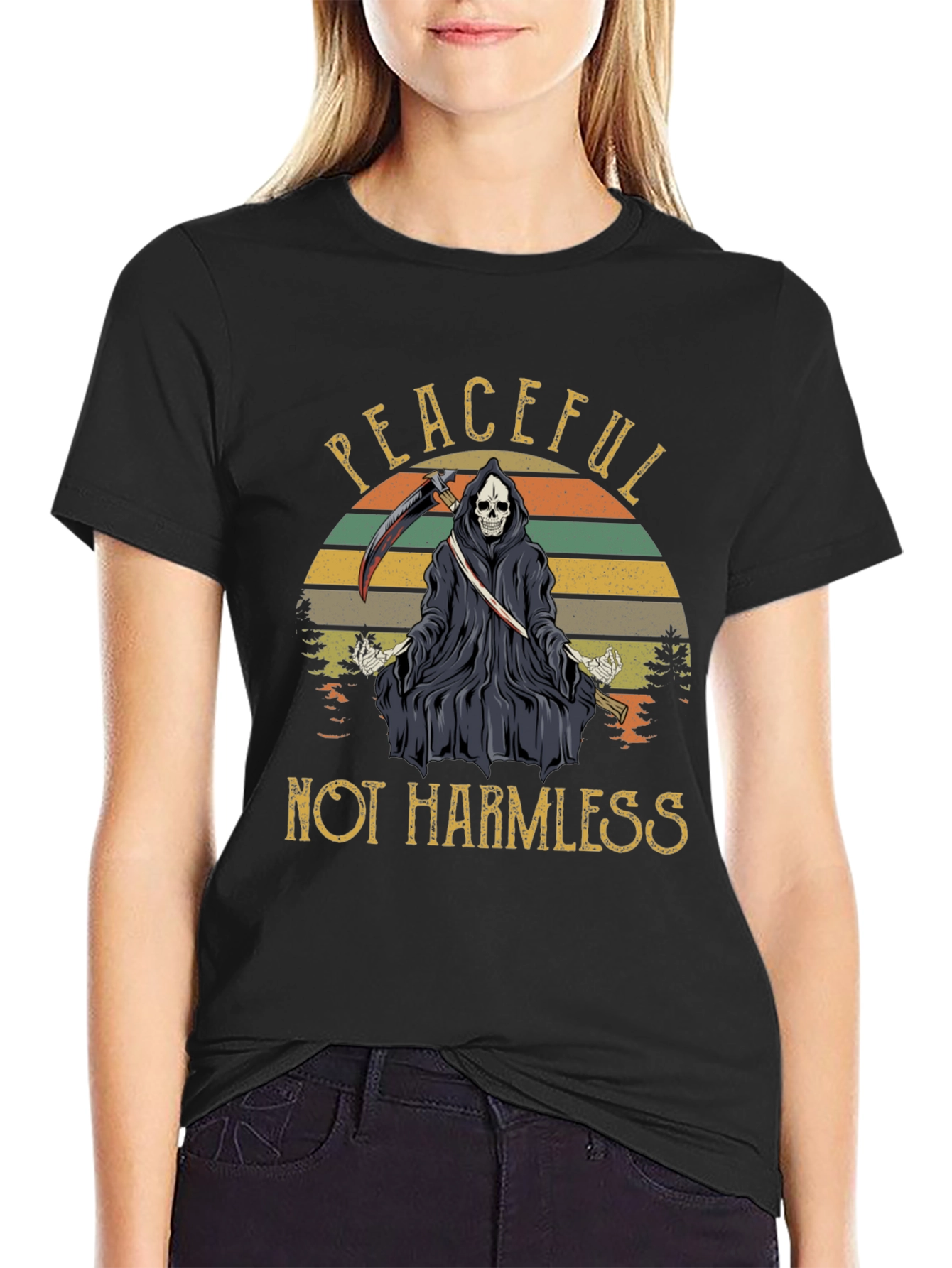 Black Peaceful Not Harmless Grim Reaper Graphic T-Shirt view 2
