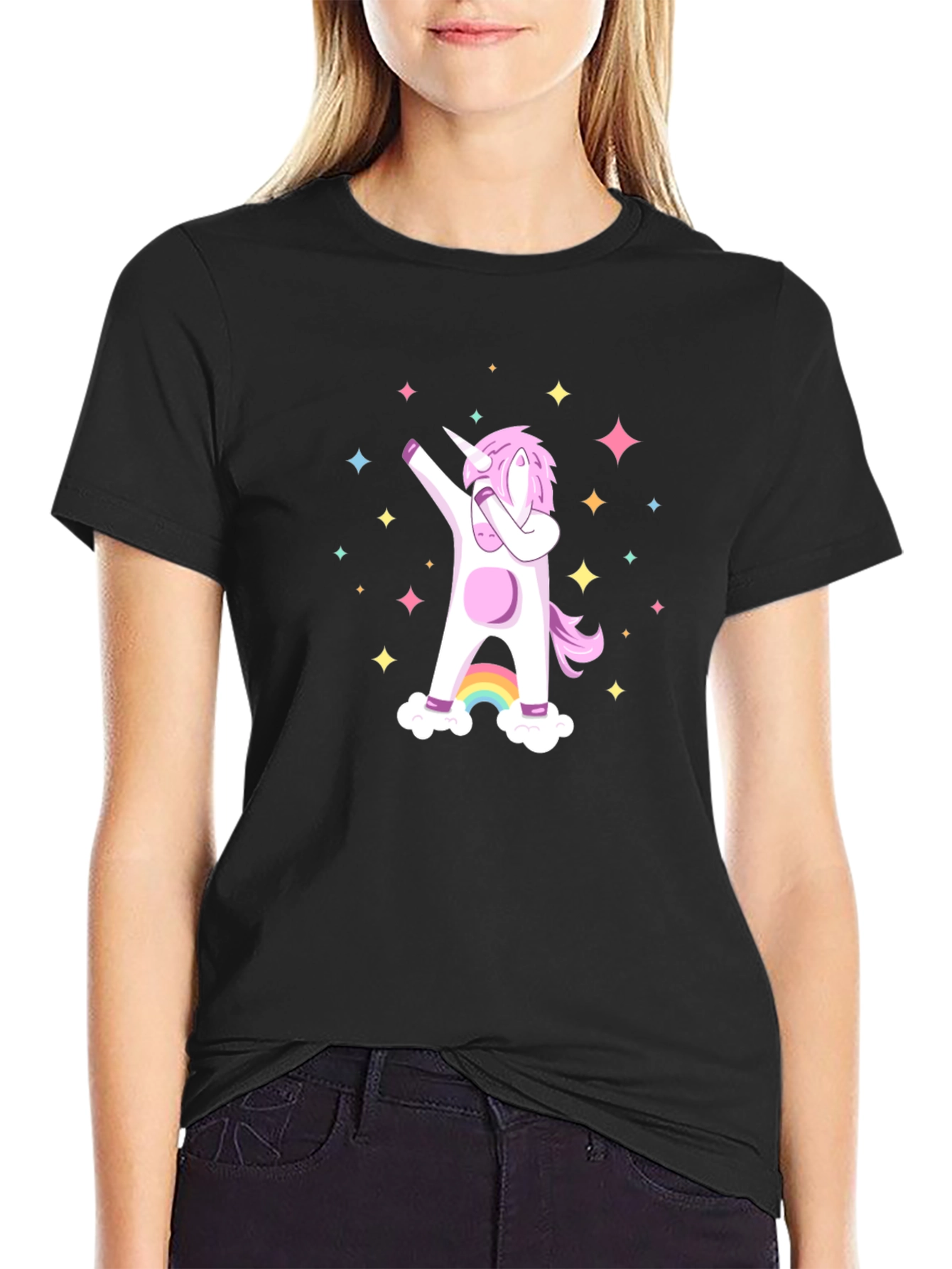 Black Dabbing Unicorn Graphic Tee - Black Cotton Casual Shirt view 2