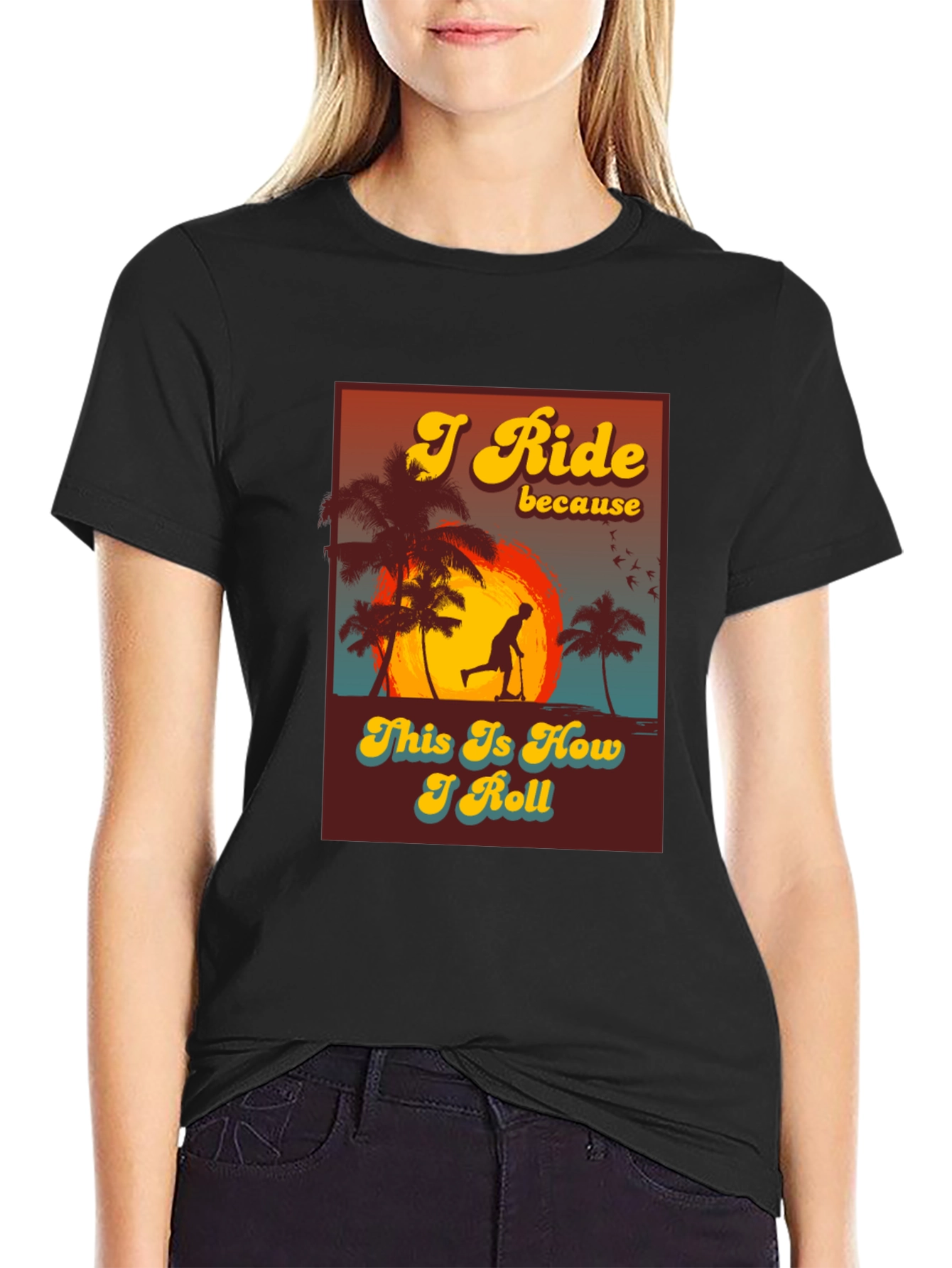 Black I Ride Scooter Tee - Retro Sunset Design view 2