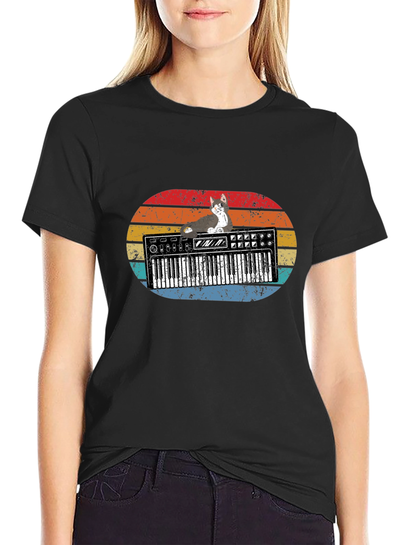 Black Retro Cat Keyboardist T-Shirt view 2