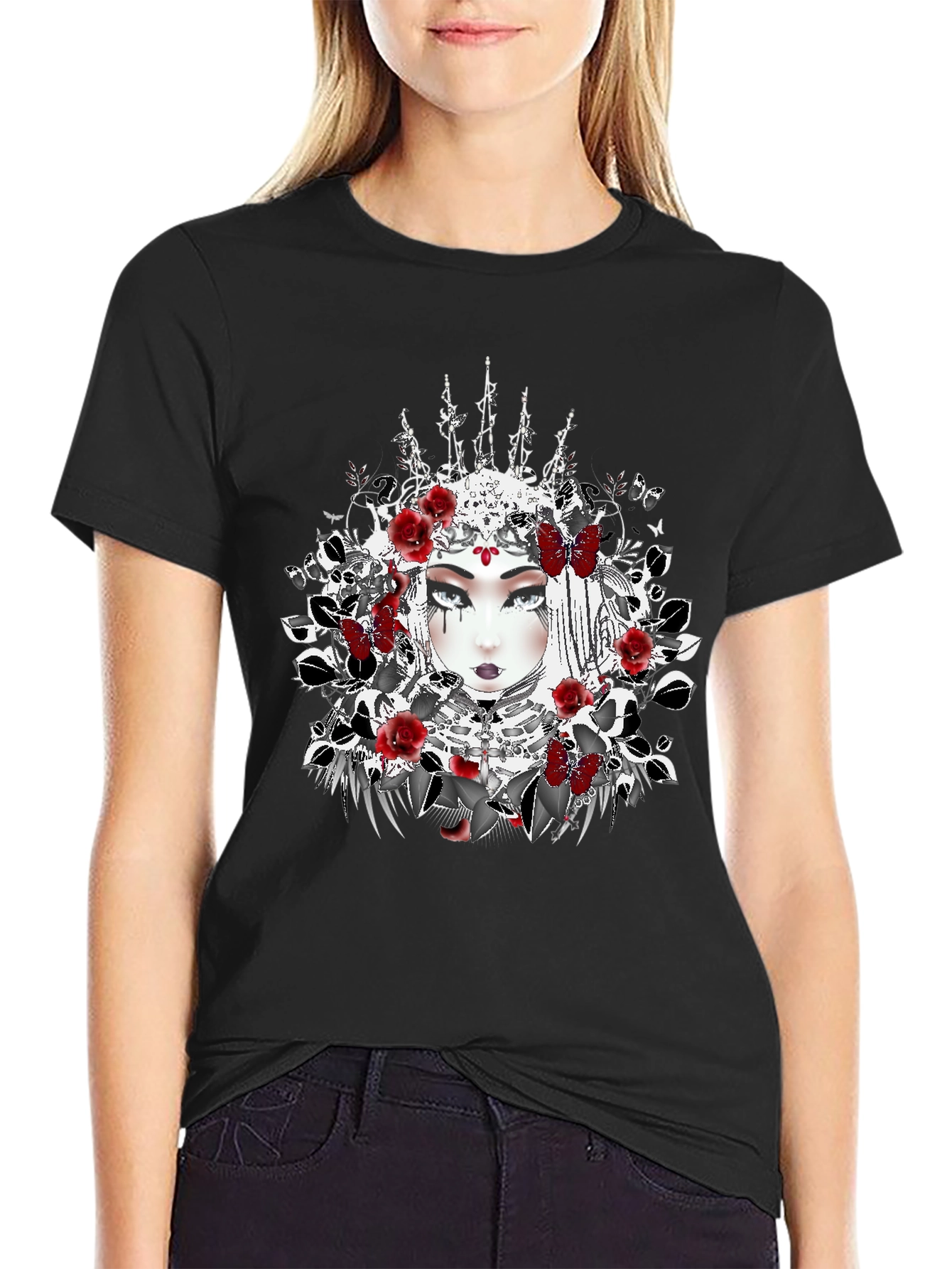 Black Gothic Queen T-Shirt - Floral Crown Design view 2