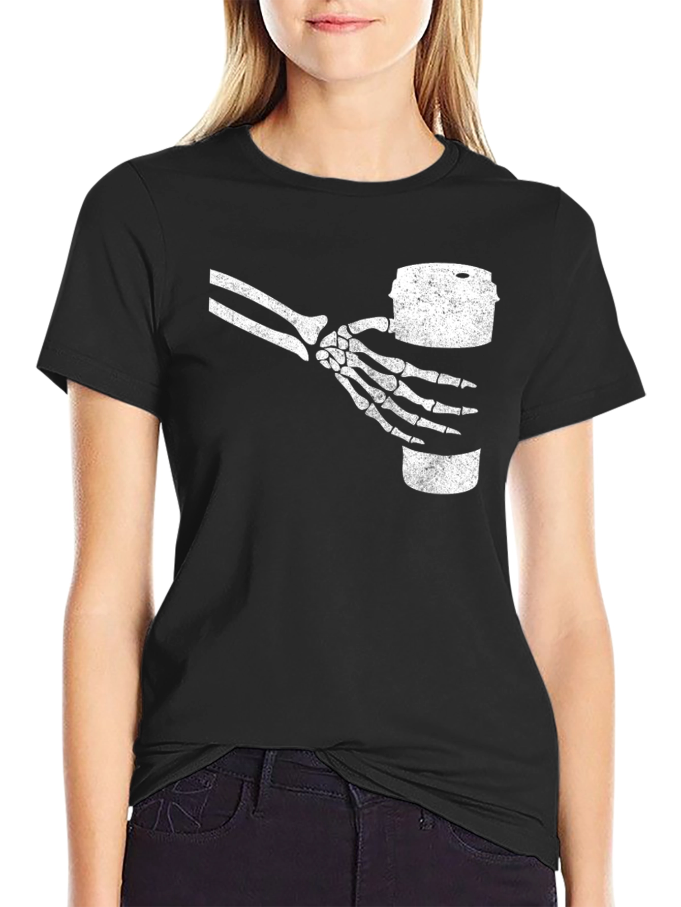 Black Skeleton Hand Holding Drink T-Shirt - Black view 2