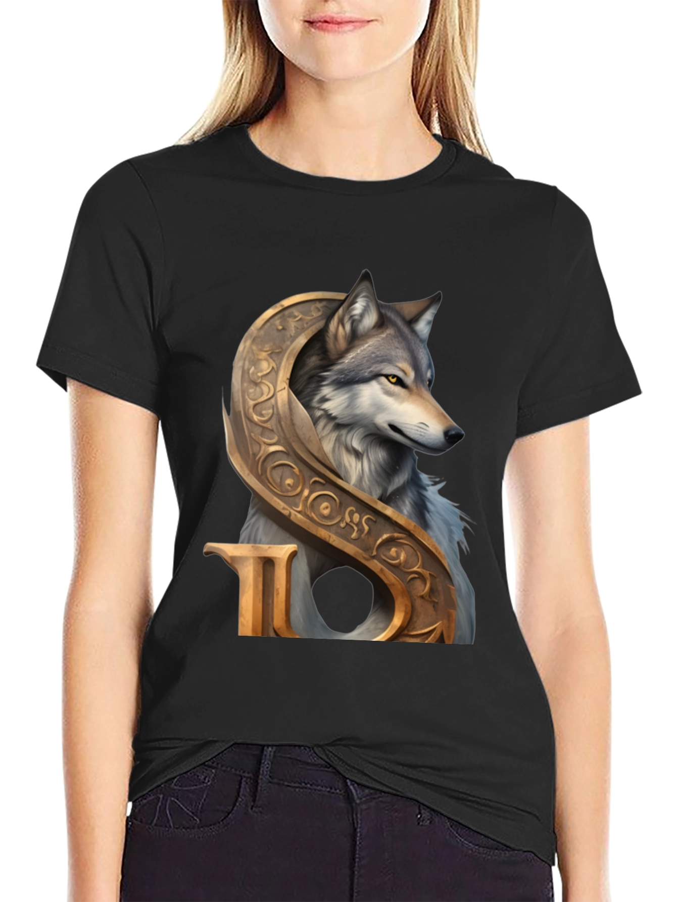 Black Wolf and Ornamental Letter T-Shirt view 2