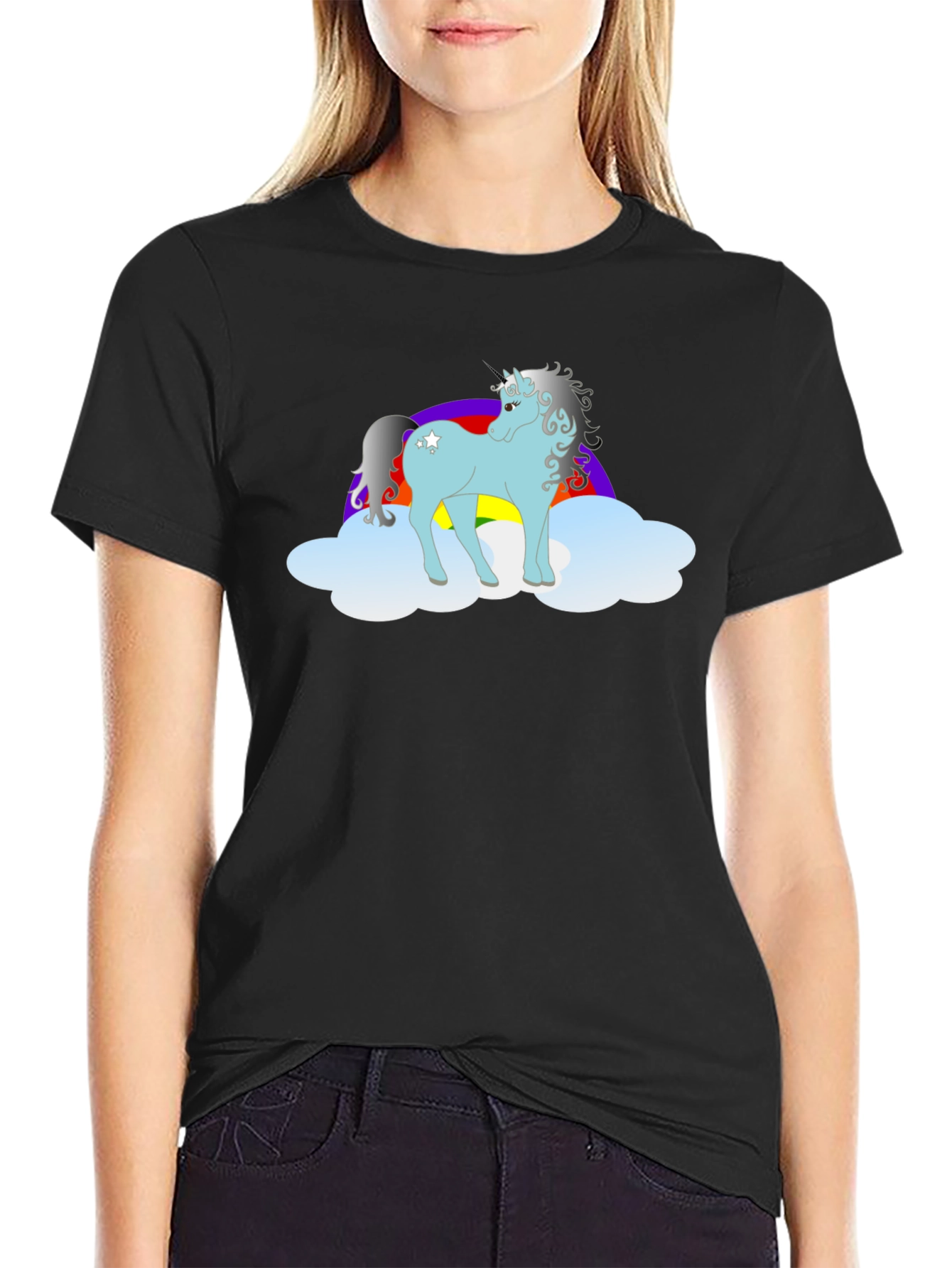 Black Unicorn Rainbow Cloud T-Shirt - Black Cotton Tee view 2