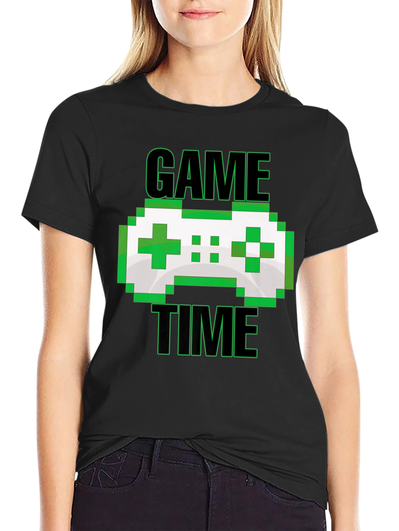 Black Game Time Pixel Controller Graphic T-Shirt view 2