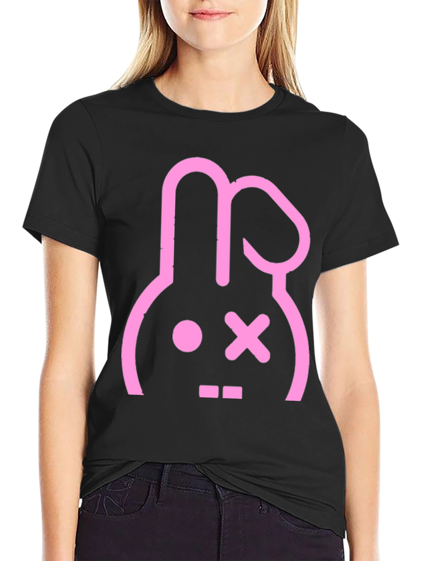 Black Black T-Shirt with Pink Bunny Graphic view 2