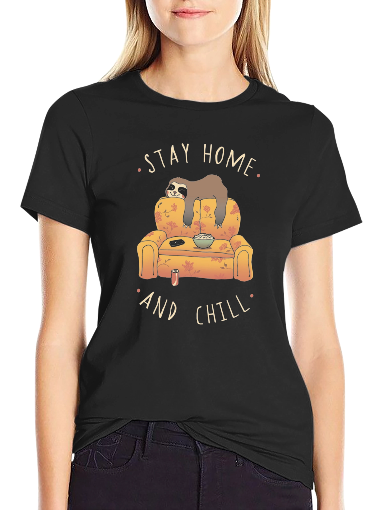 Black Stay Home & Chill Sloth Graphic T-Shirt view 2