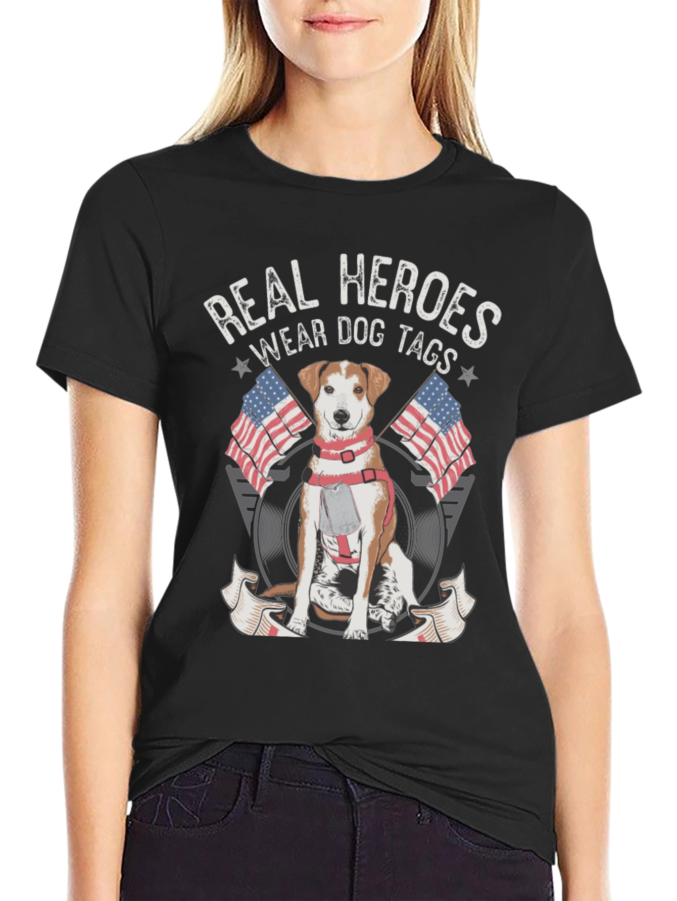 Black Real Heroes Wear Dog Tags T-Shirt view 2