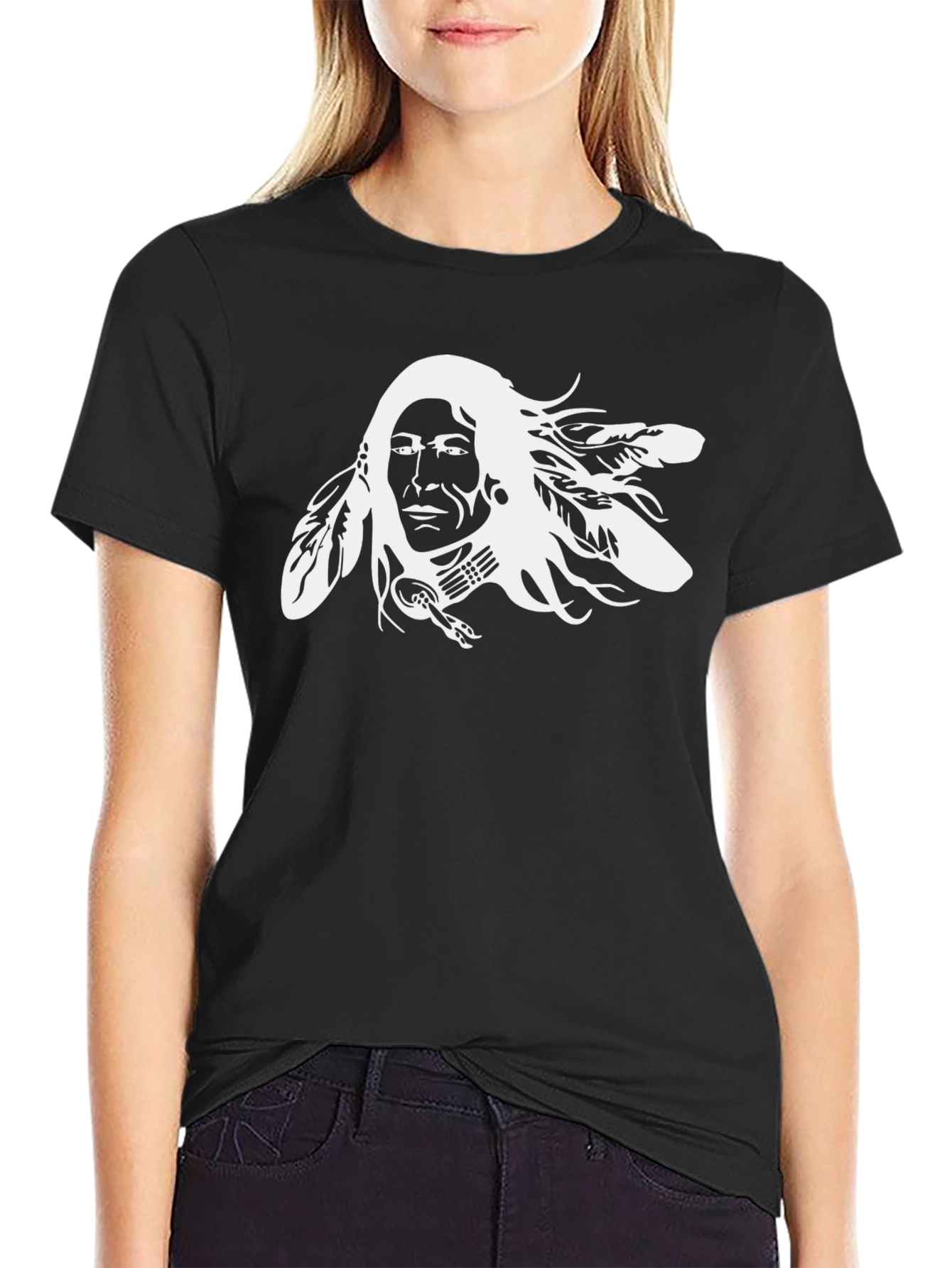 Black Native American Chief Graphic Tee - Black Cotton T-Shirt view 2