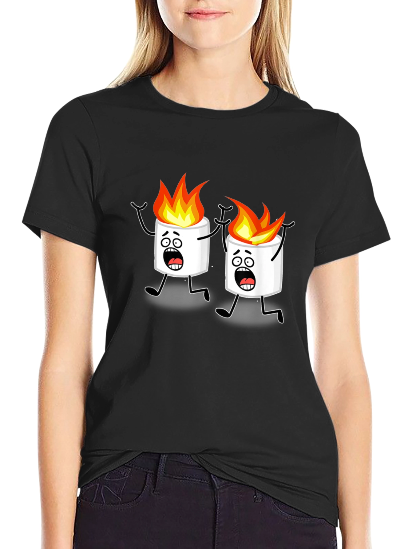 Black Scared Marshmallow Cartoon Graphic Black Tee view 2