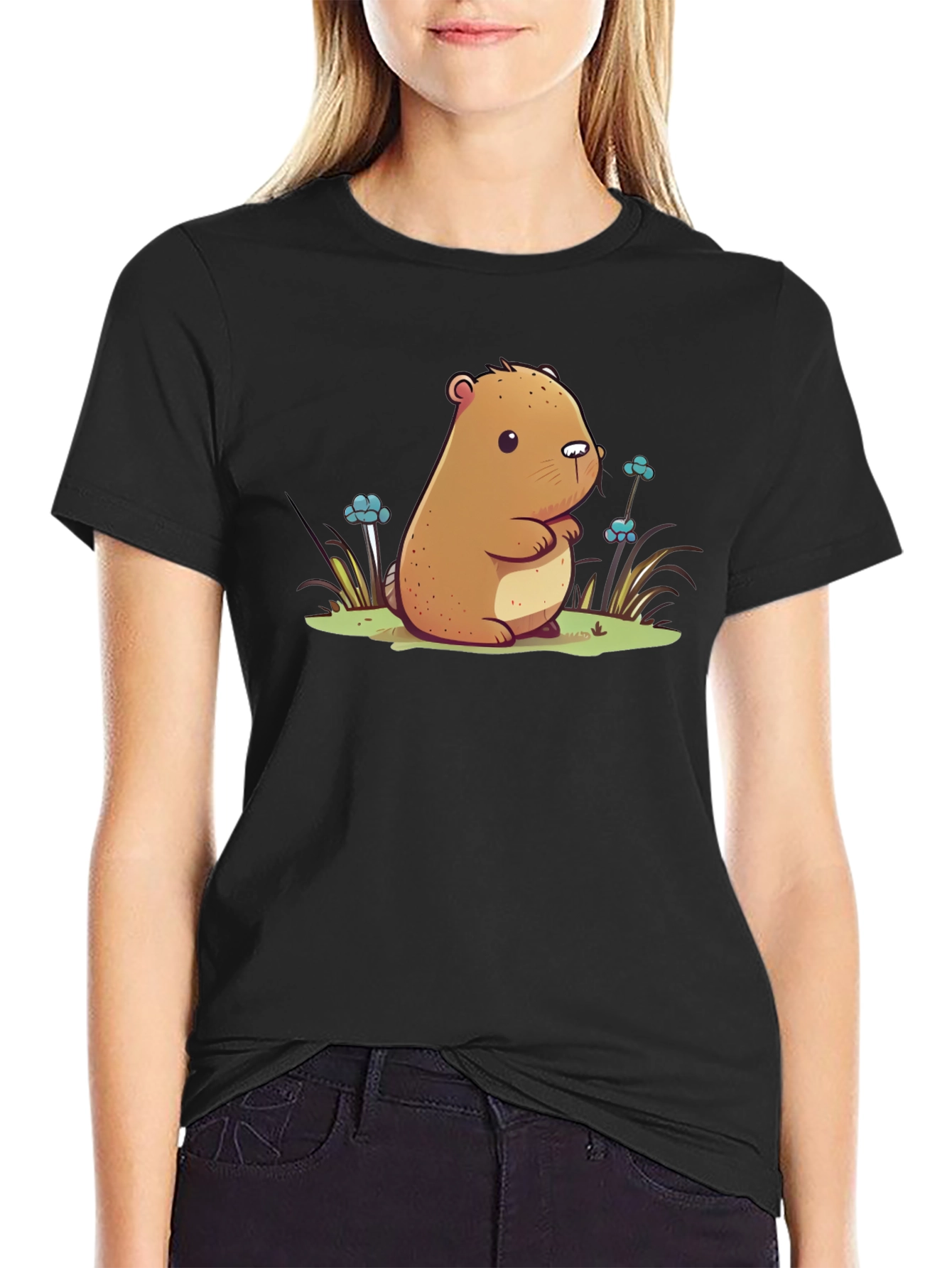 Black Cute Cartoon Beaver Graphic T-Shirt view 2