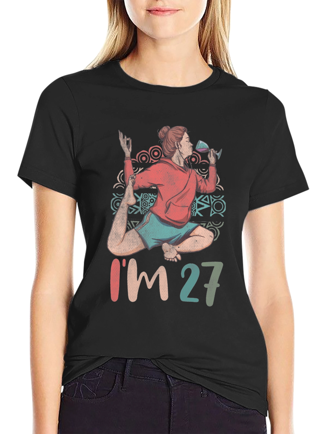 Black Yoga & Wine Birthday T-Shirt - I'm 27 Graphic Tee view 2