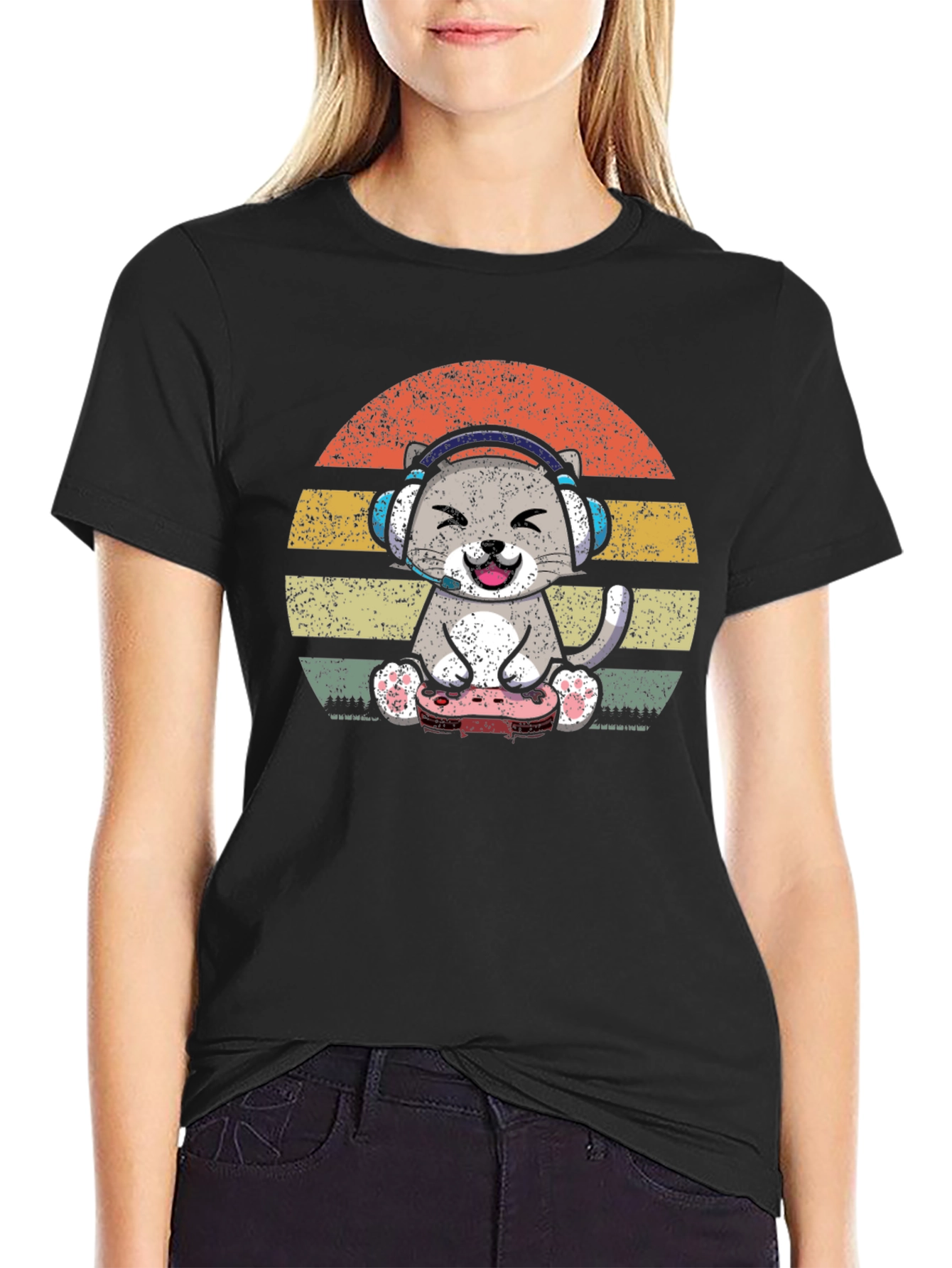 Black Gamer Cat T-Shirt - Vintage Sunset Design view 2