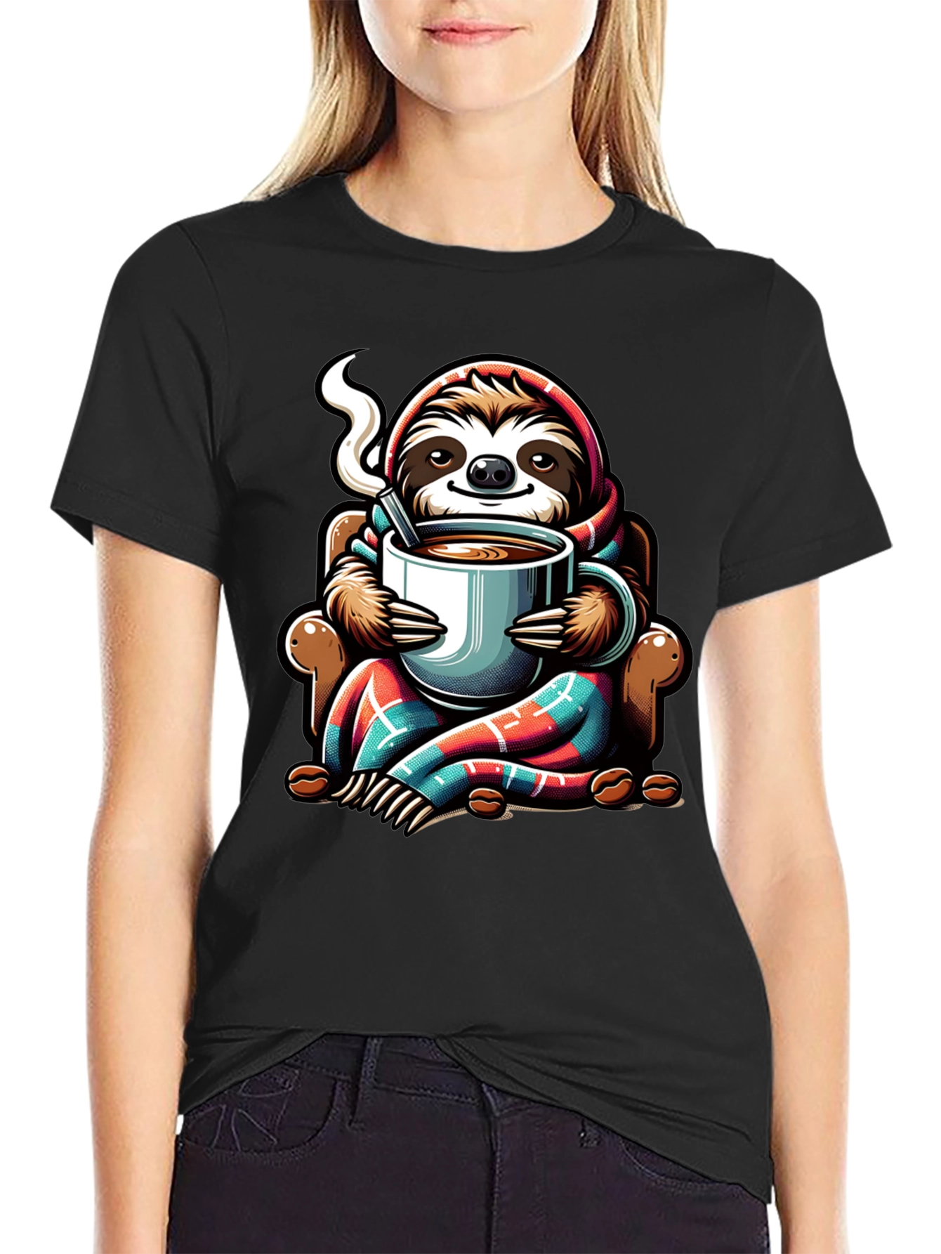 Black Cozy Sloth Coffee Lover T-Shirt view 2