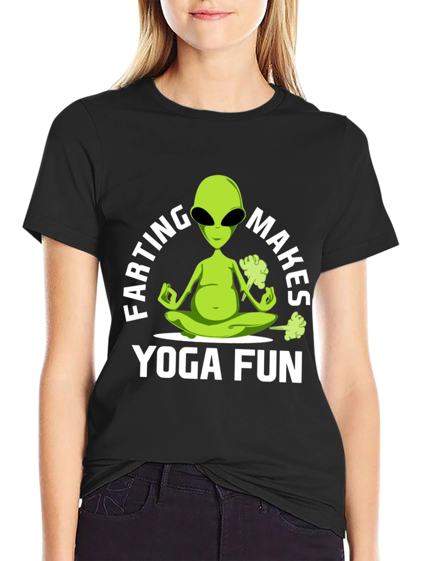 Black Farting Alien Yoga Funny T-Shirt view 2