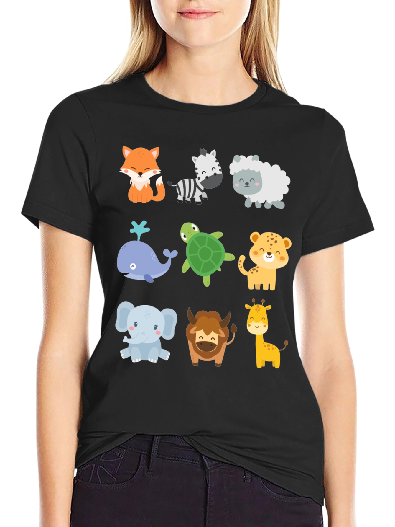 Black Cute Cartoon Animal Print Black T-Shirt view 2