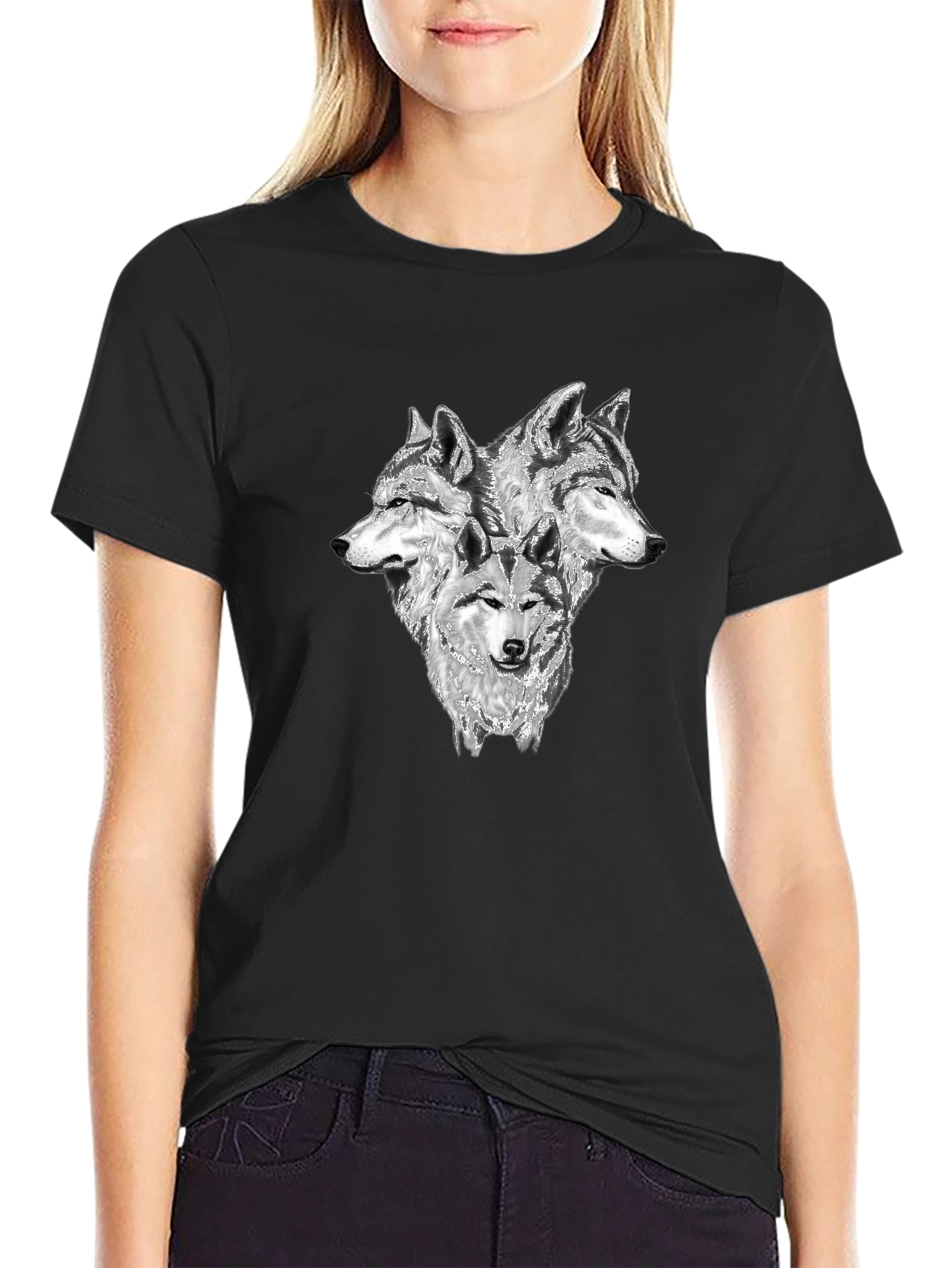 Black Three Wolf Head Graphic T-Shirt - Black view 2