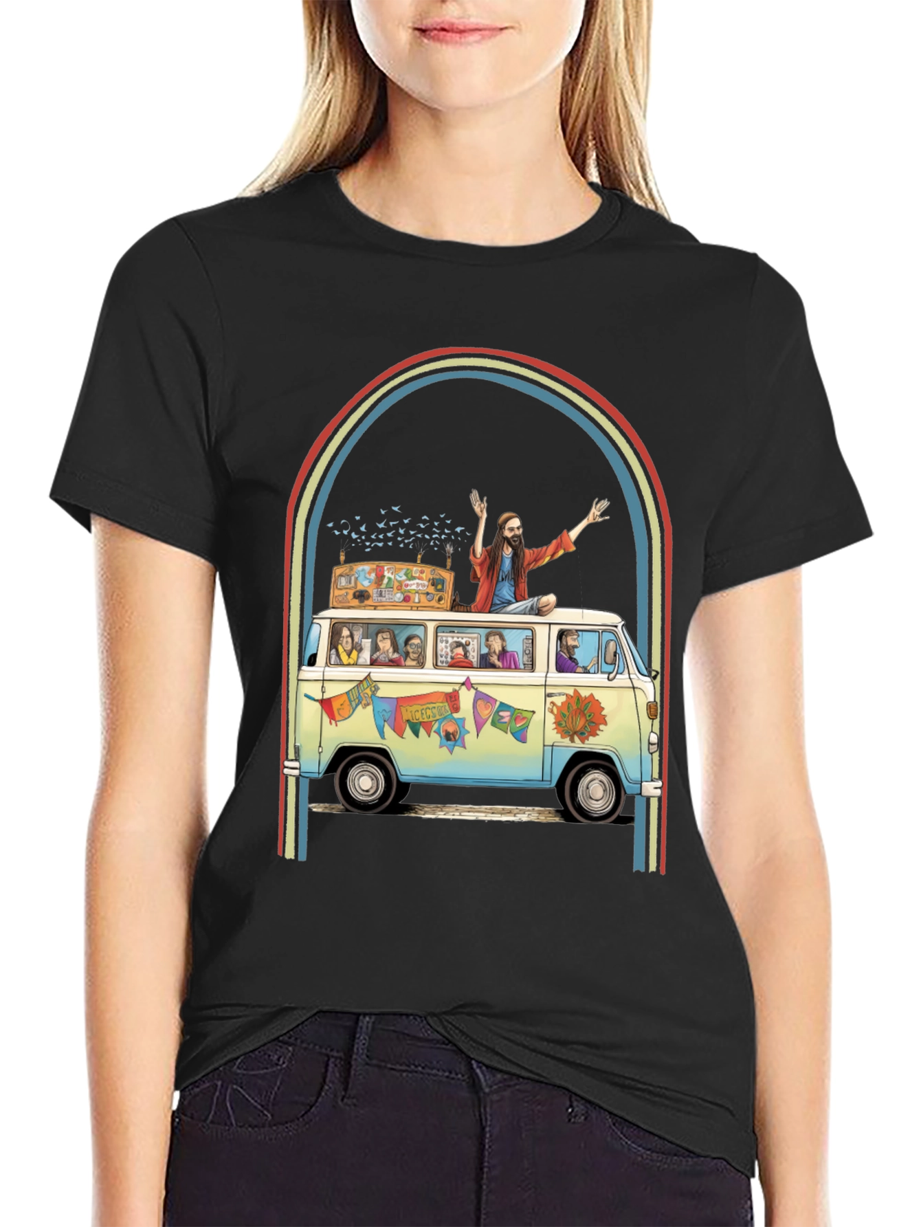 Black Hippie Bus T-Shirt - Groovy Retro Style view 2