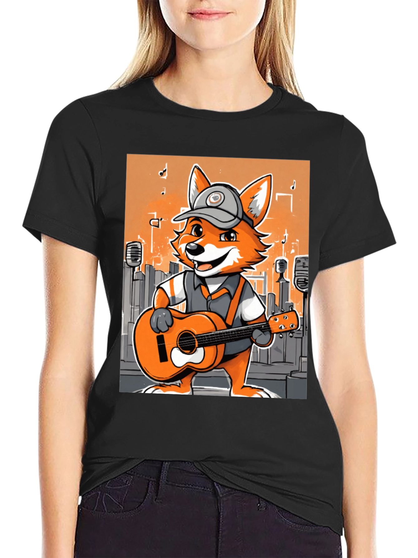Black Cartoon Fox Musician Graphic Tee view 2