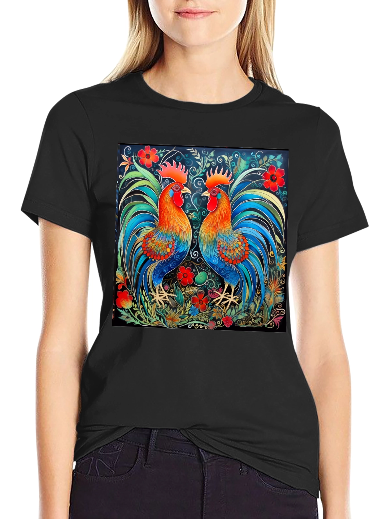 Black Rooster Art Print Black T-Shirt - Stylish Graphic Tee view 2