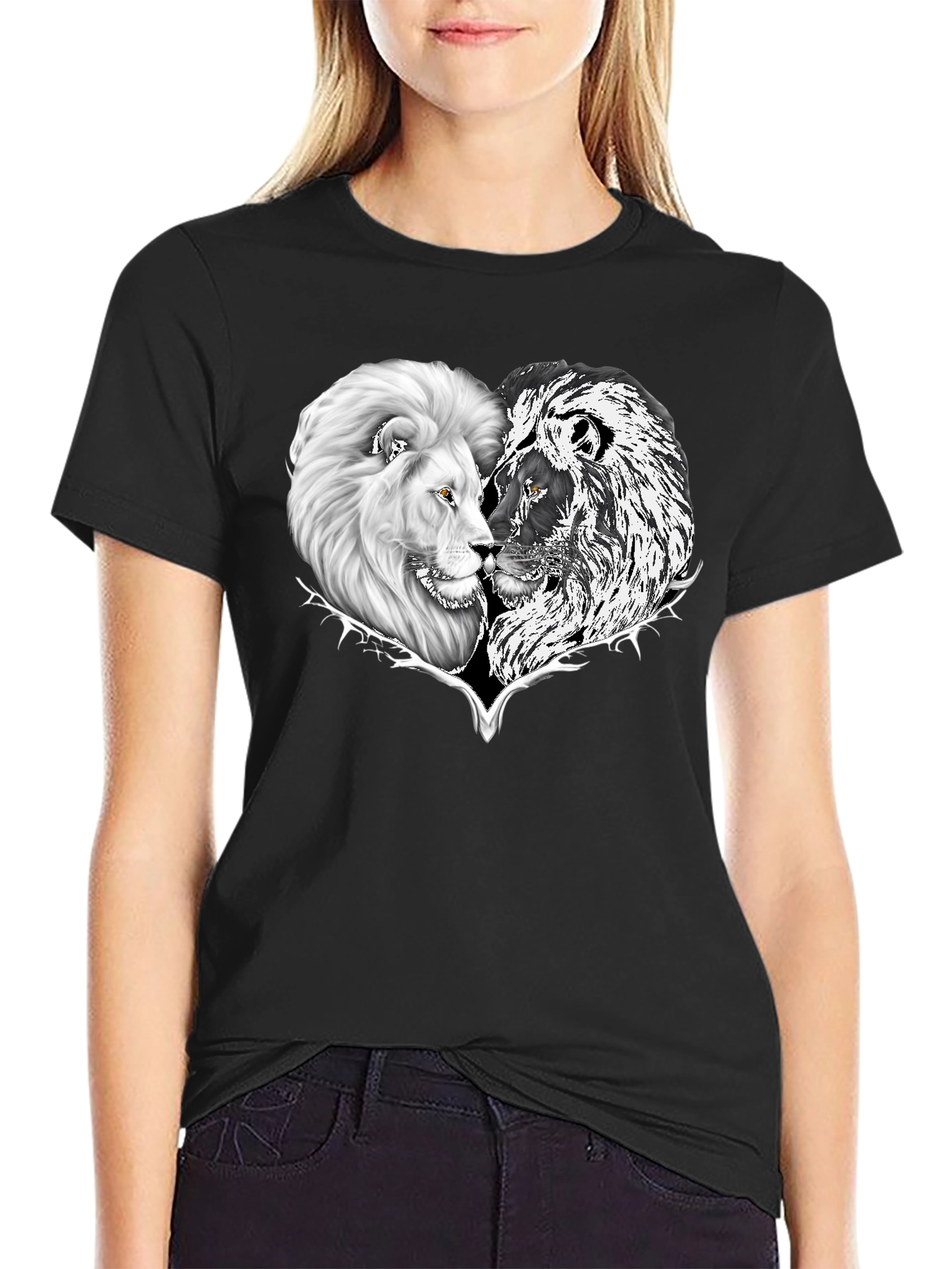 Black Yin Yang Lion Heart Graphic Tee - Black view 2